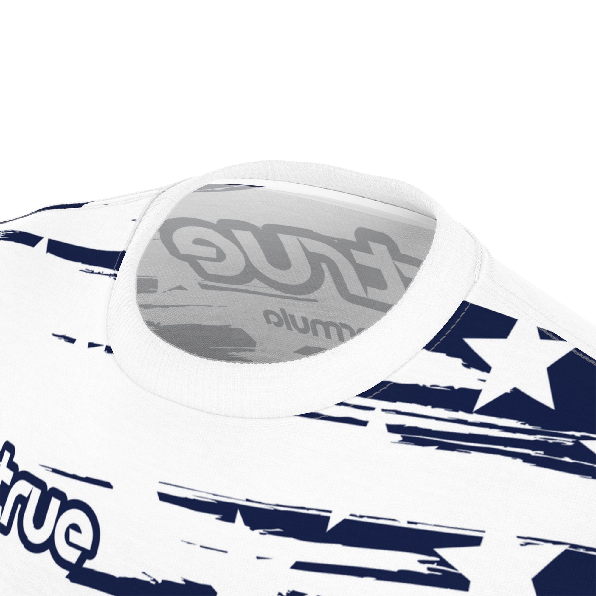 A white t-shirt with a patriotic design featuring stars and stripes in red, white, and blue colors, and the text 'VIRTRUE' on the chest.