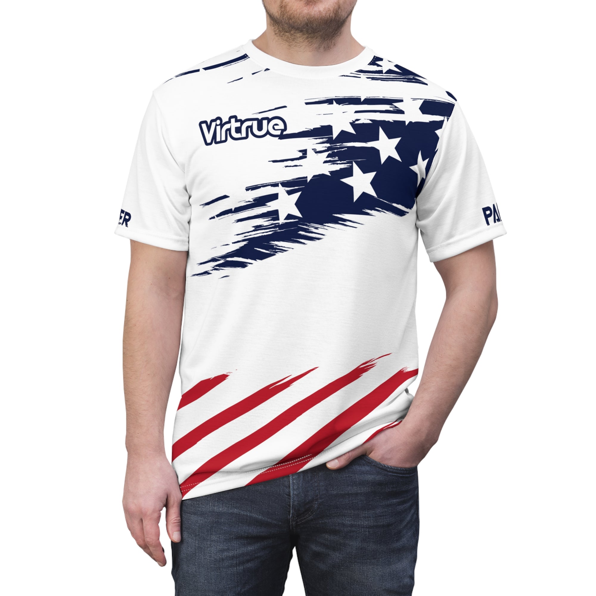 A white t-shirt with a patriotic design featuring stars and stripes in red, white, and blue colors, and the text 'VIRTRUE' on the chest.