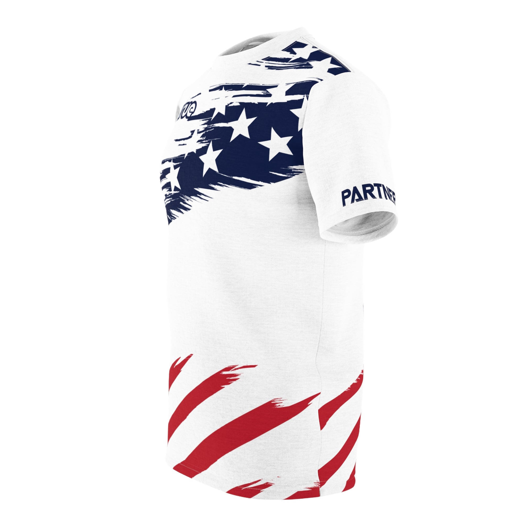 A white t-shirt with a patriotic design featuring stars and stripes in red, white, and blue colors, and the text 'VIRTRUE' on the chest.