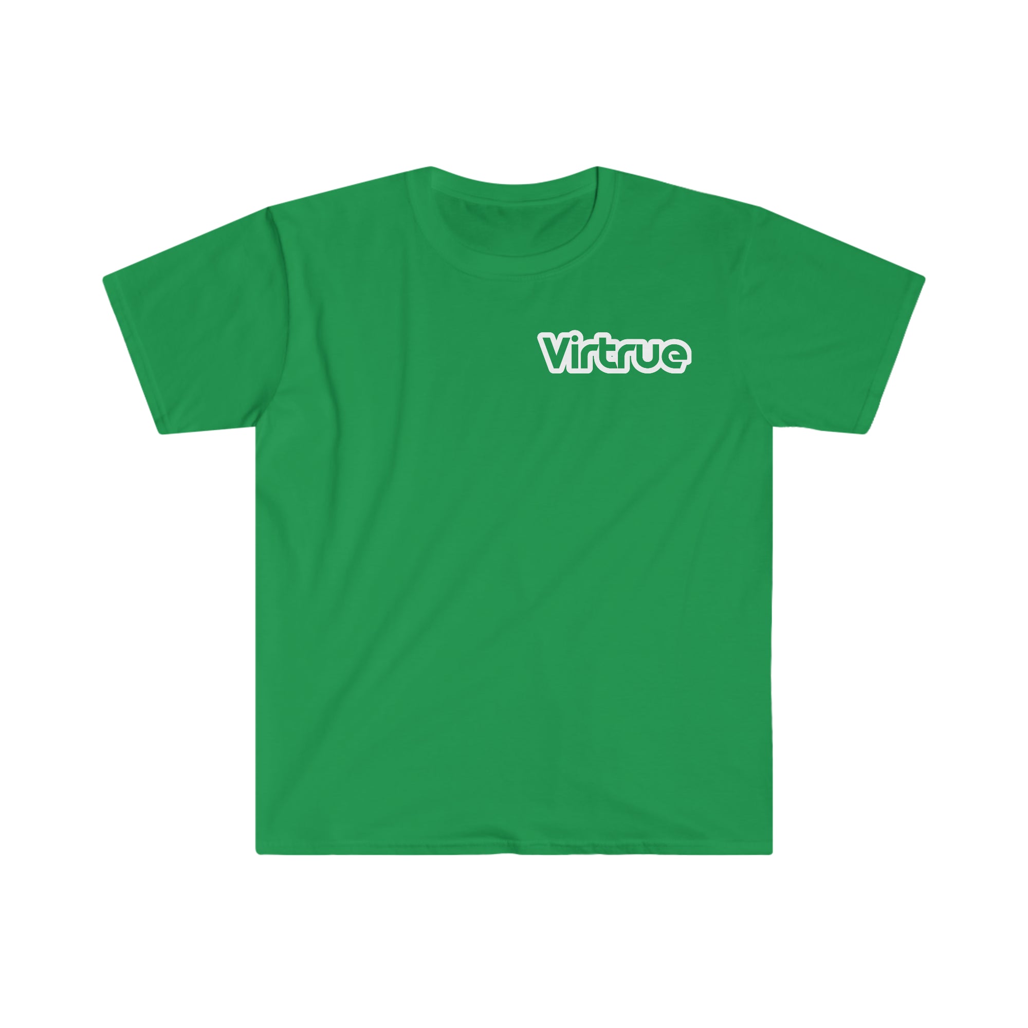 A green unisex soft-style t-shirt with the text 'VIRTRUE' printed in white on the front.