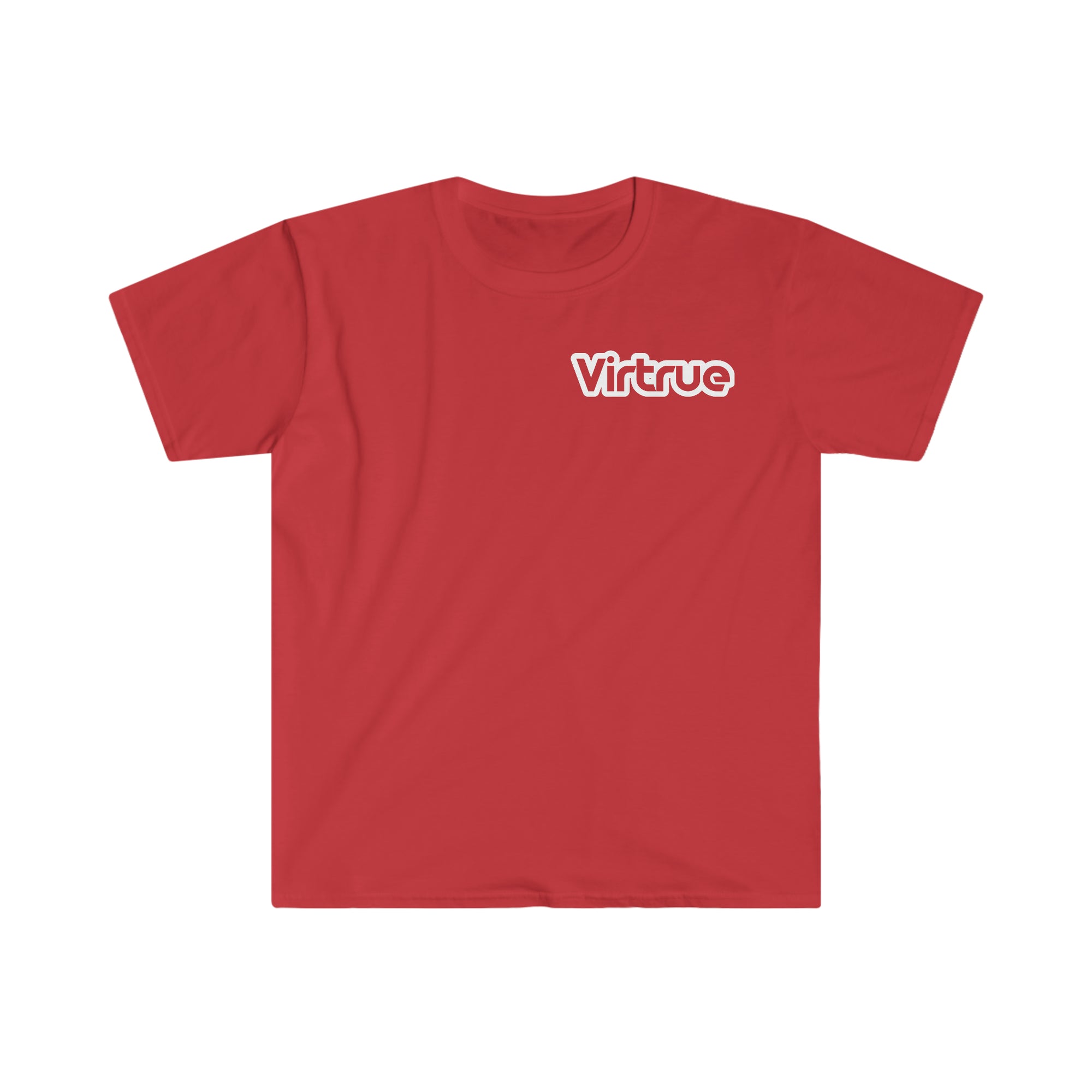 A red unisex soft-style t-shirt with the text 'VIRTRUE' printed in white on the front.