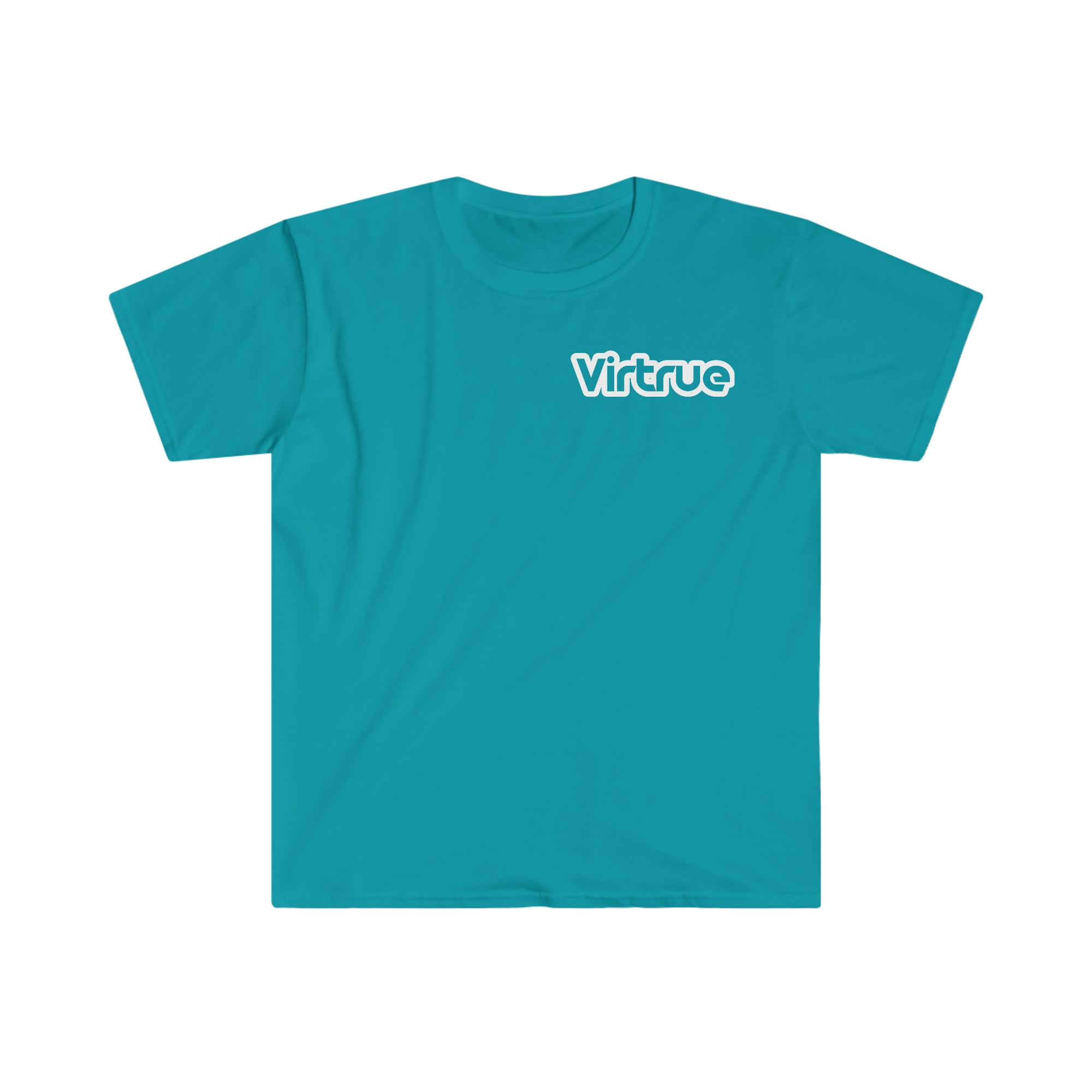 A teal unisex soft-style t-shirt with the text 'VIRTRUE' printed in white on the front.