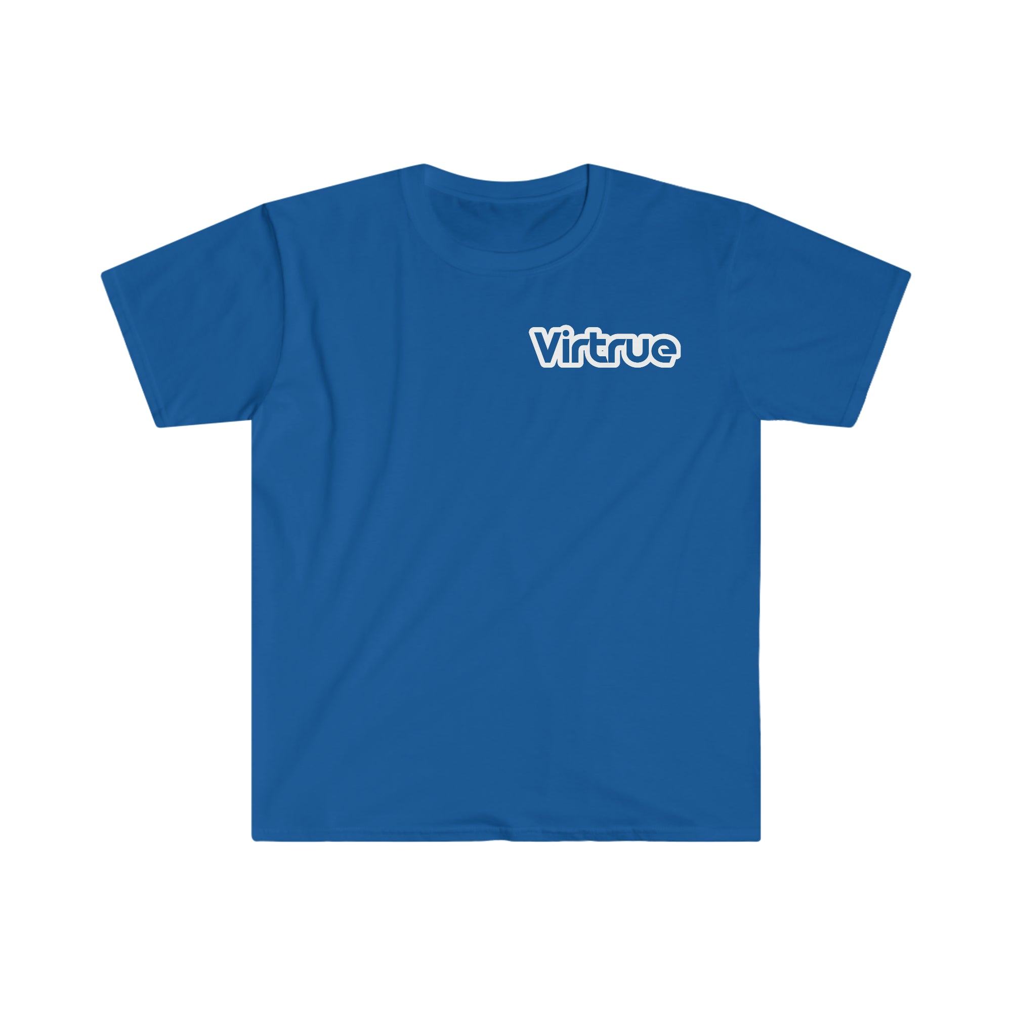 A blue unisex soft-style t-shirt with the text 'VIRTRUE' printed in white on the front.