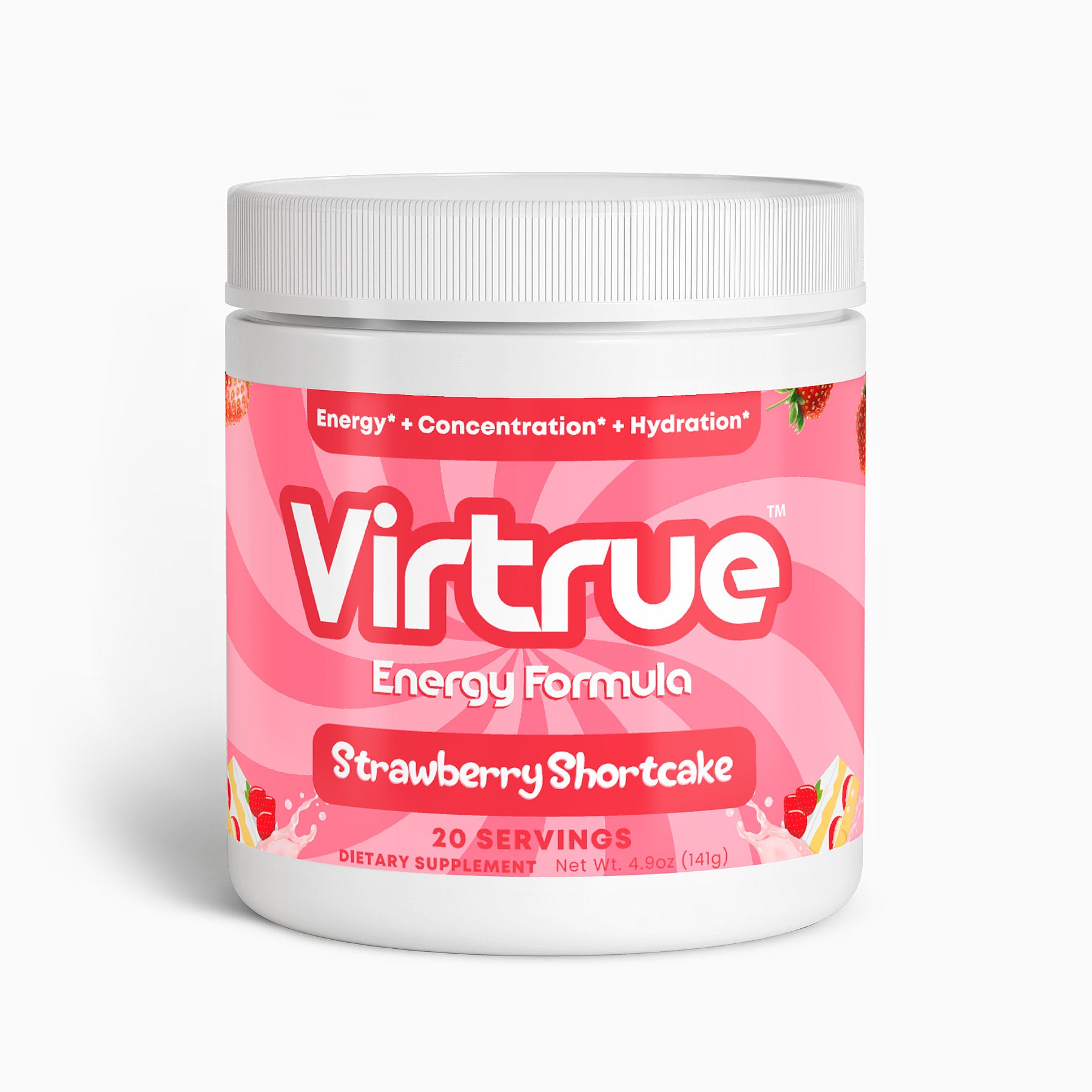 A container of Virtrue Energy Formula Strawberry Shortcake flavor pre-workout energy powder, with images of strawberries and a cake, indicating a dessert-inspired flavor.