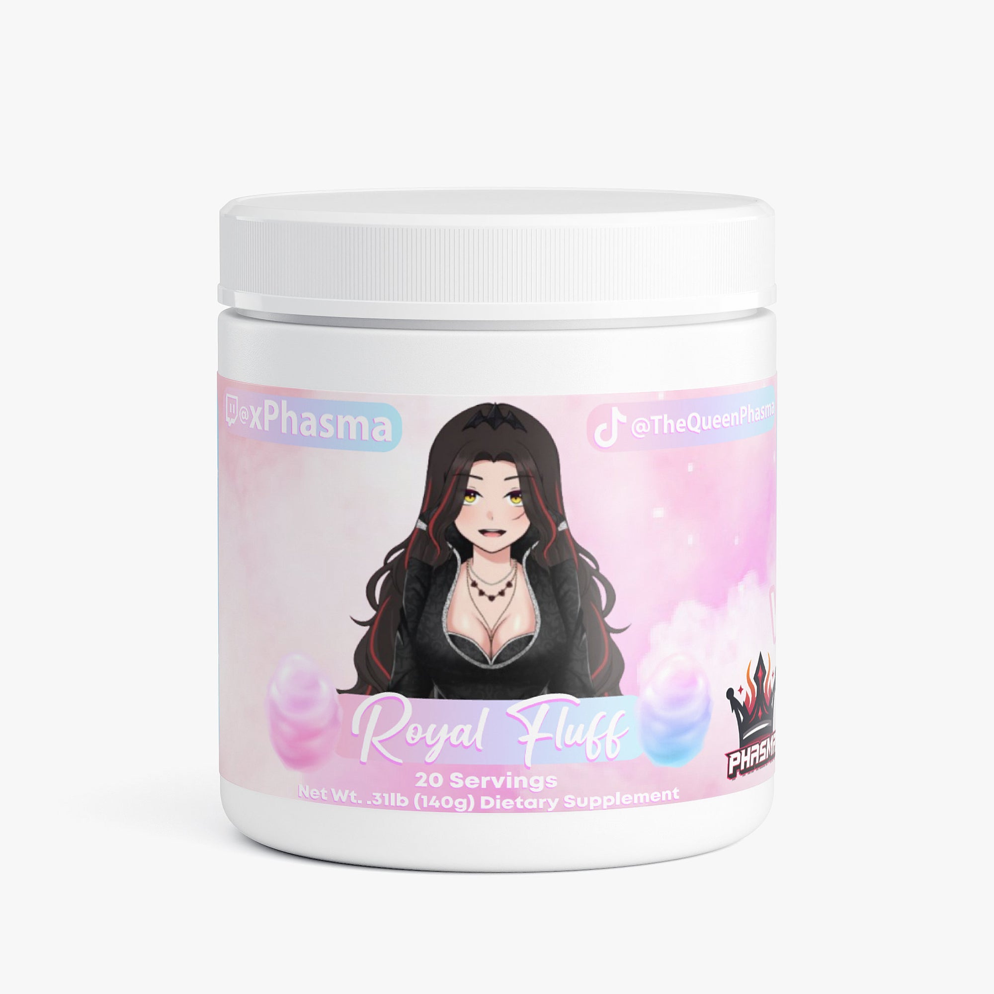 Cotton Candy supplement container with a colorful label featuring an illustration of a woman and text.