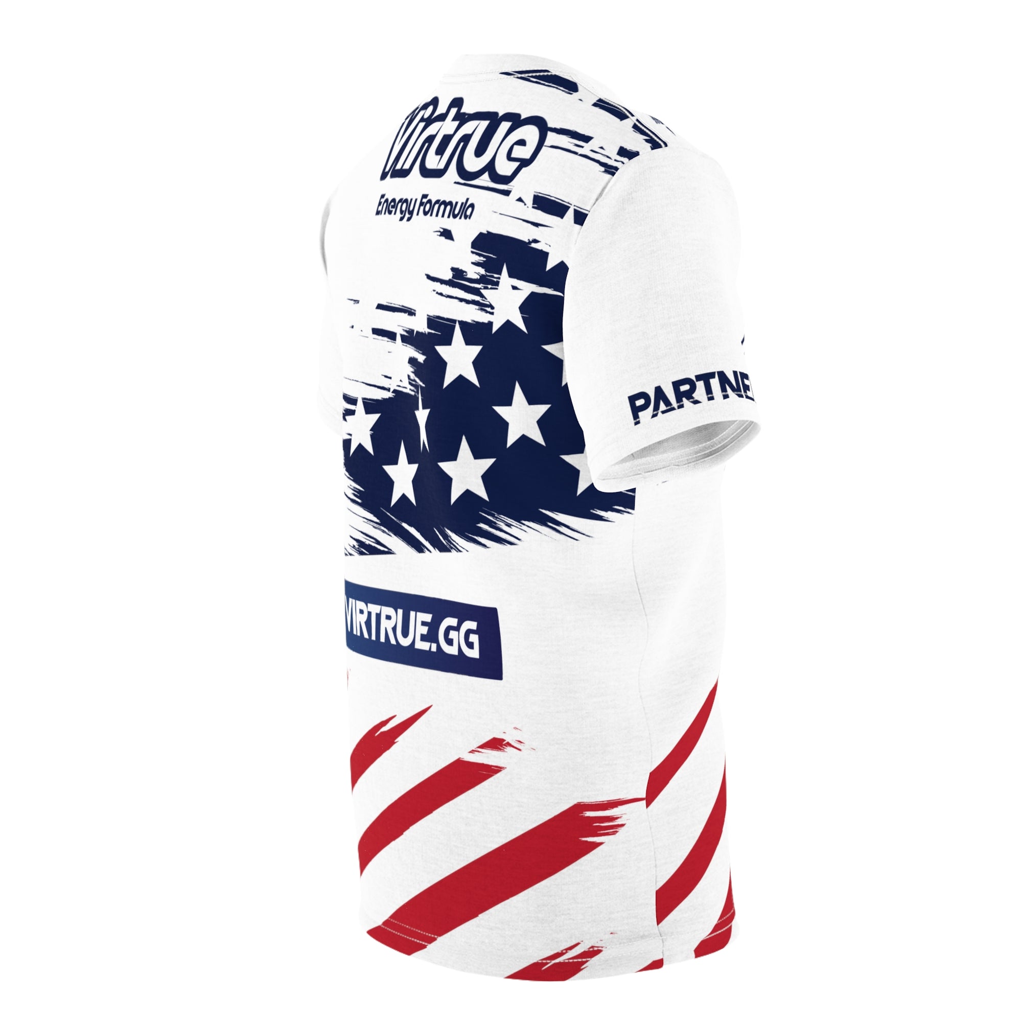 A white t-shirt with a patriotic design featuring stars and stripes in red, white, and blue colors, and the text 'VIRTRUE' on the chest.
