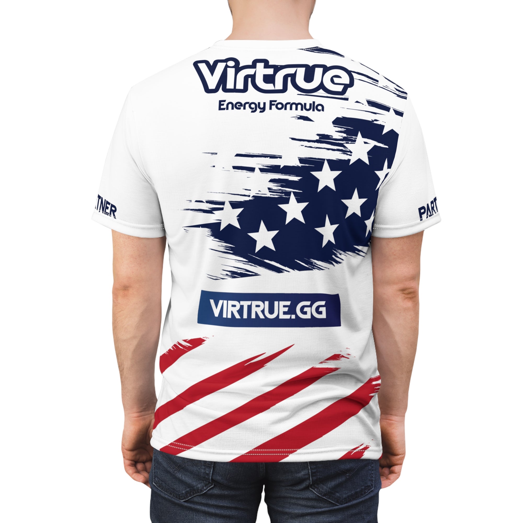 A white t-shirt with a patriotic design featuring stars and stripes in red, white, and blue colors, and the text 'VIRTRUE' on the chest.