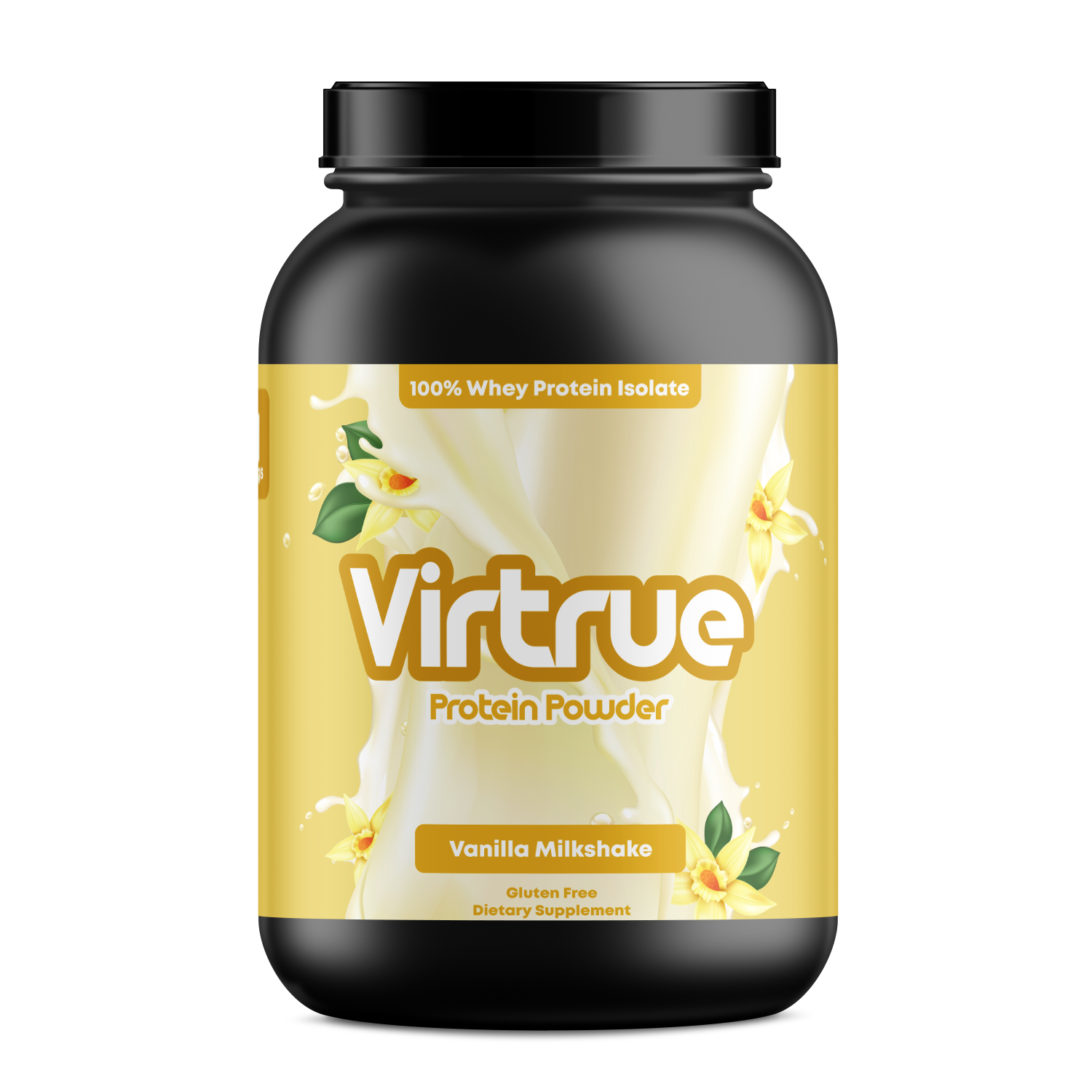 Virtrue vanilla milkshake whey isolate protein powder supplement tub