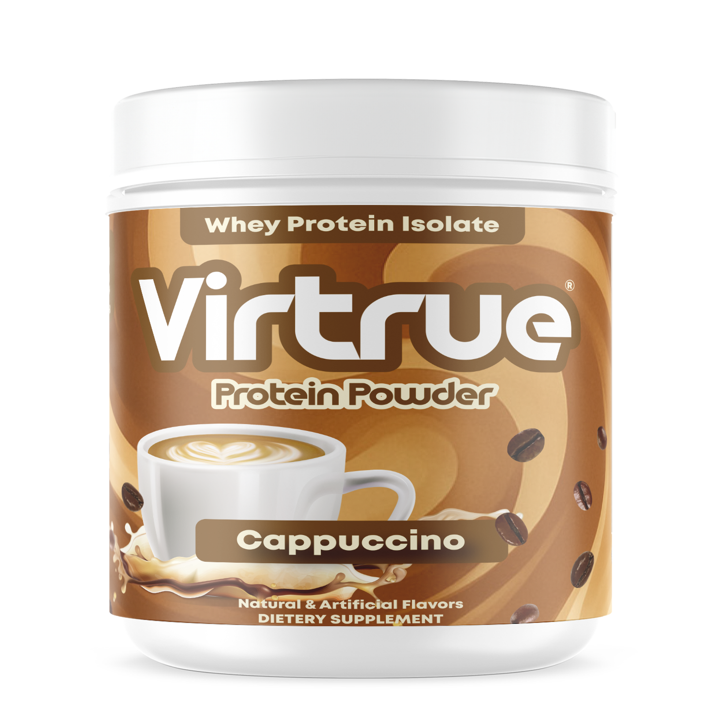 Jar of Virtrue Cappuccino protein powder on a white background