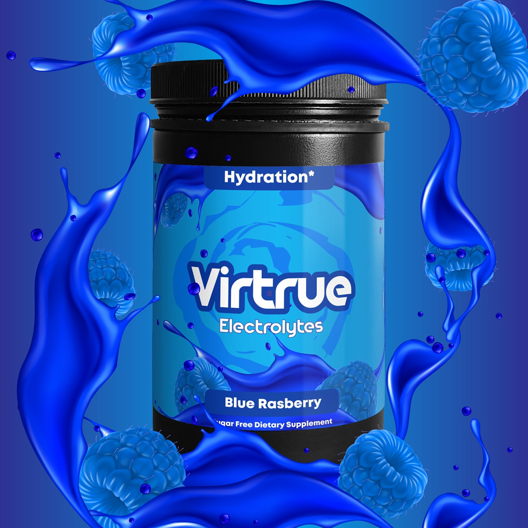 A container of Virtrue Electrolytes in Blue Raspberry flavor, surrounded by a dynamic blue splash background with swirling water and raspberries.