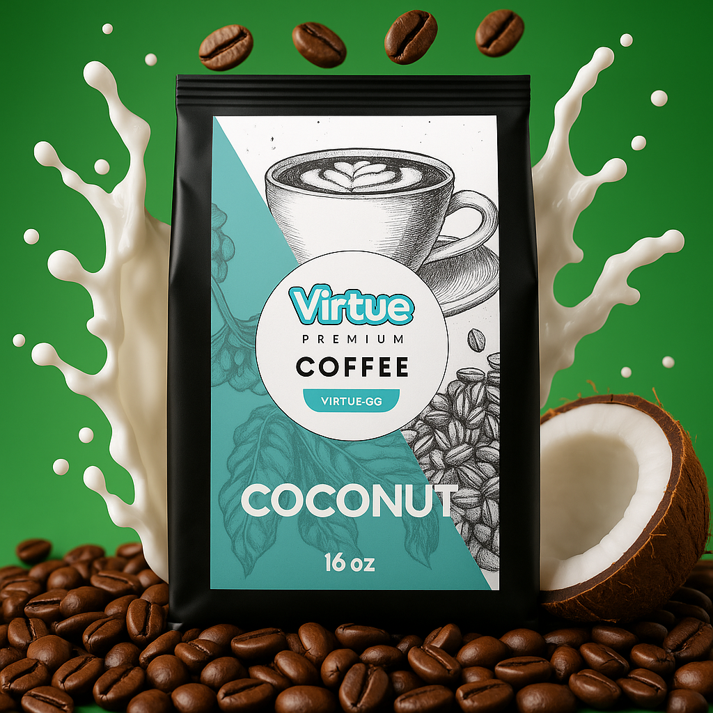 Virtrue Coconut coffee bag with a coconut splash and coffee beans on a green background