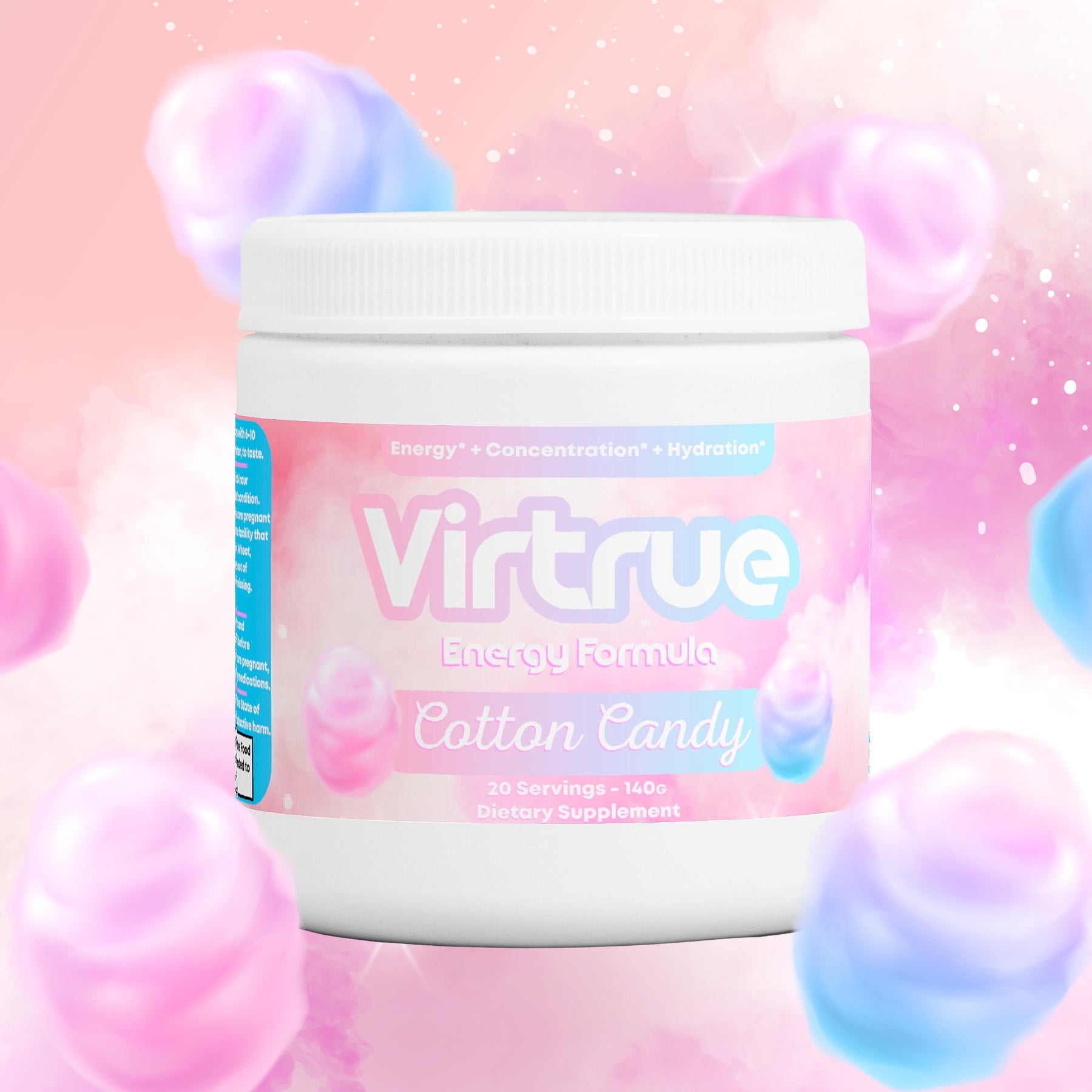 A container of Virtrue Cotton Candy Pre-Workout Energy Powder with a background of cotton candy and pastel colors. The product is labeled as sugar-free and is marketed for energy and focus support.