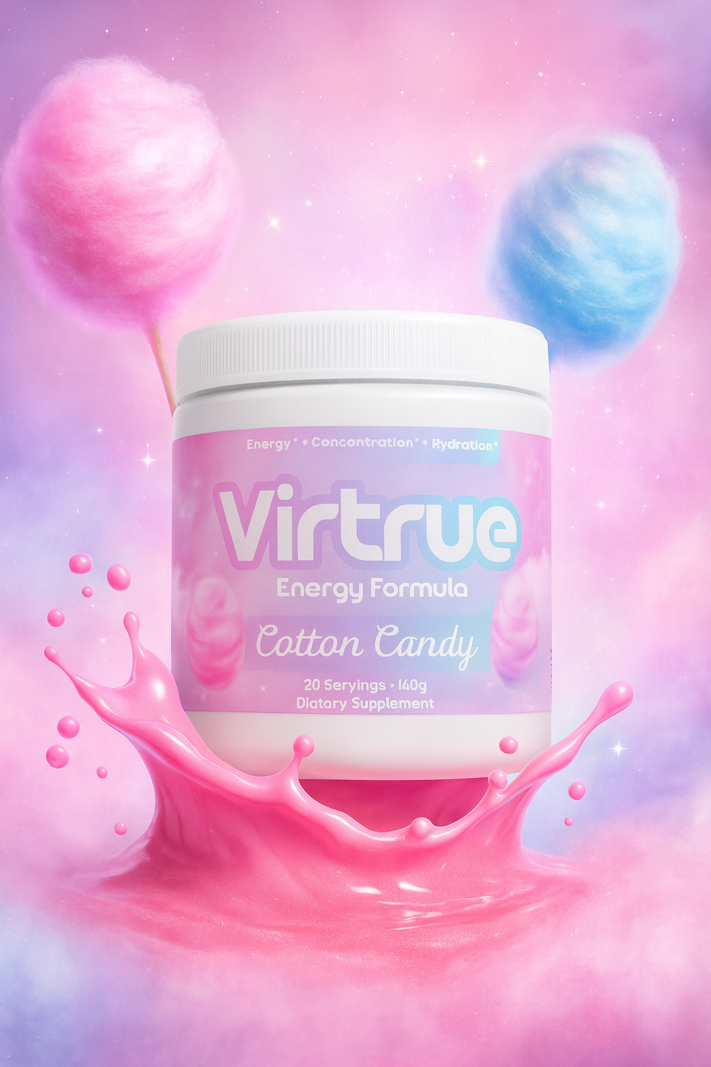 Virtrue Energy Formula Cotton Candy container with cotton candy-themed design on a colorful background