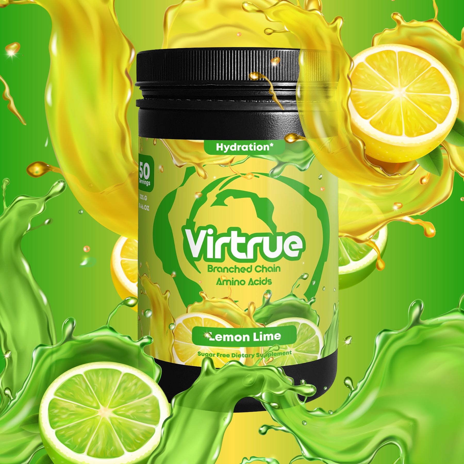 A container of Virtrue Lemon Lime BCAA & Electrolyte Powder surrounded by graphical representations of lemon and lime slices, emphasizing the product's flavor.