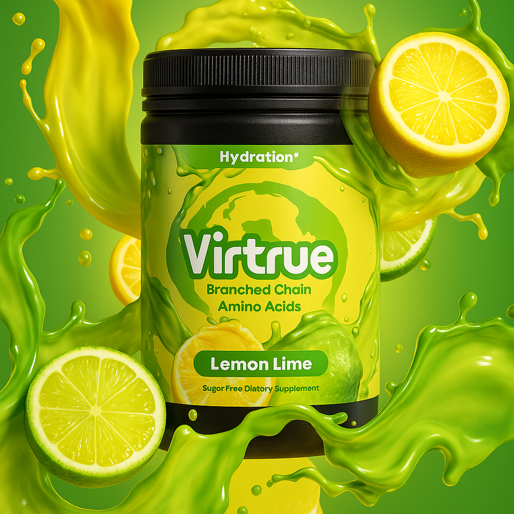 Virtrue Lemon Lime Branched Chain Amino Acids supplement bottle with lemon and lime on a green background