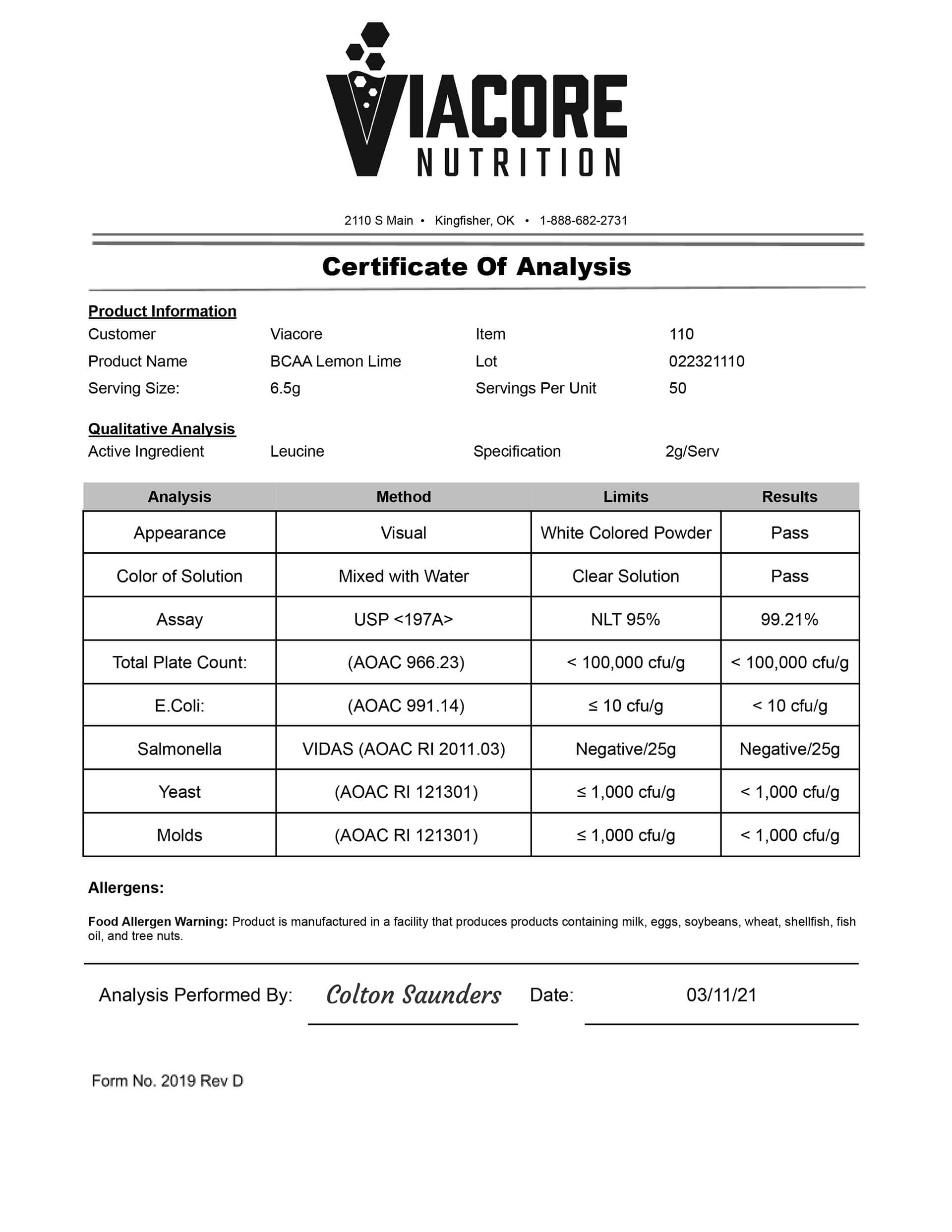 Virtrue Branched Chain Amino Acids third party test score.