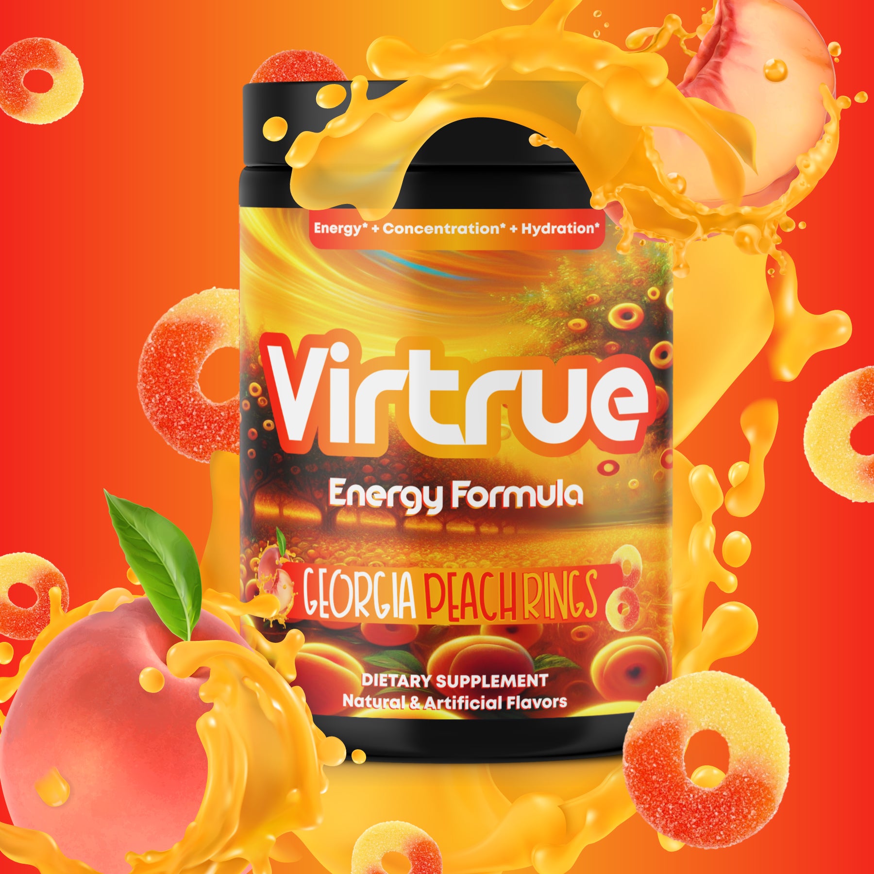 A container of Virtrue Energy Formula, Georgia Peach Rings flavor, with peach and gummy graphics, indicating it is a sugar-free pre-workout energy powder.