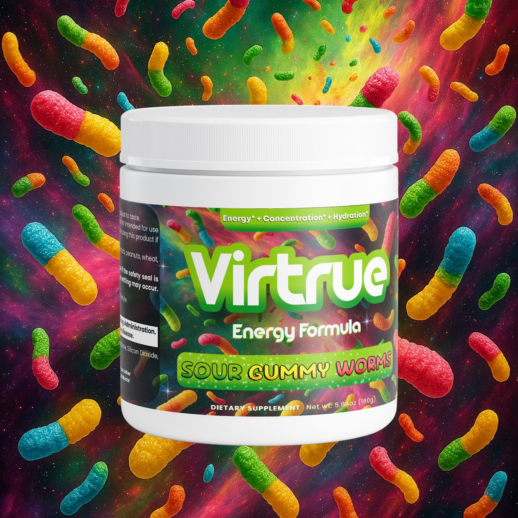 Virtrue Sour Gummy Worm energy supplement with colorful space background and gummy worms