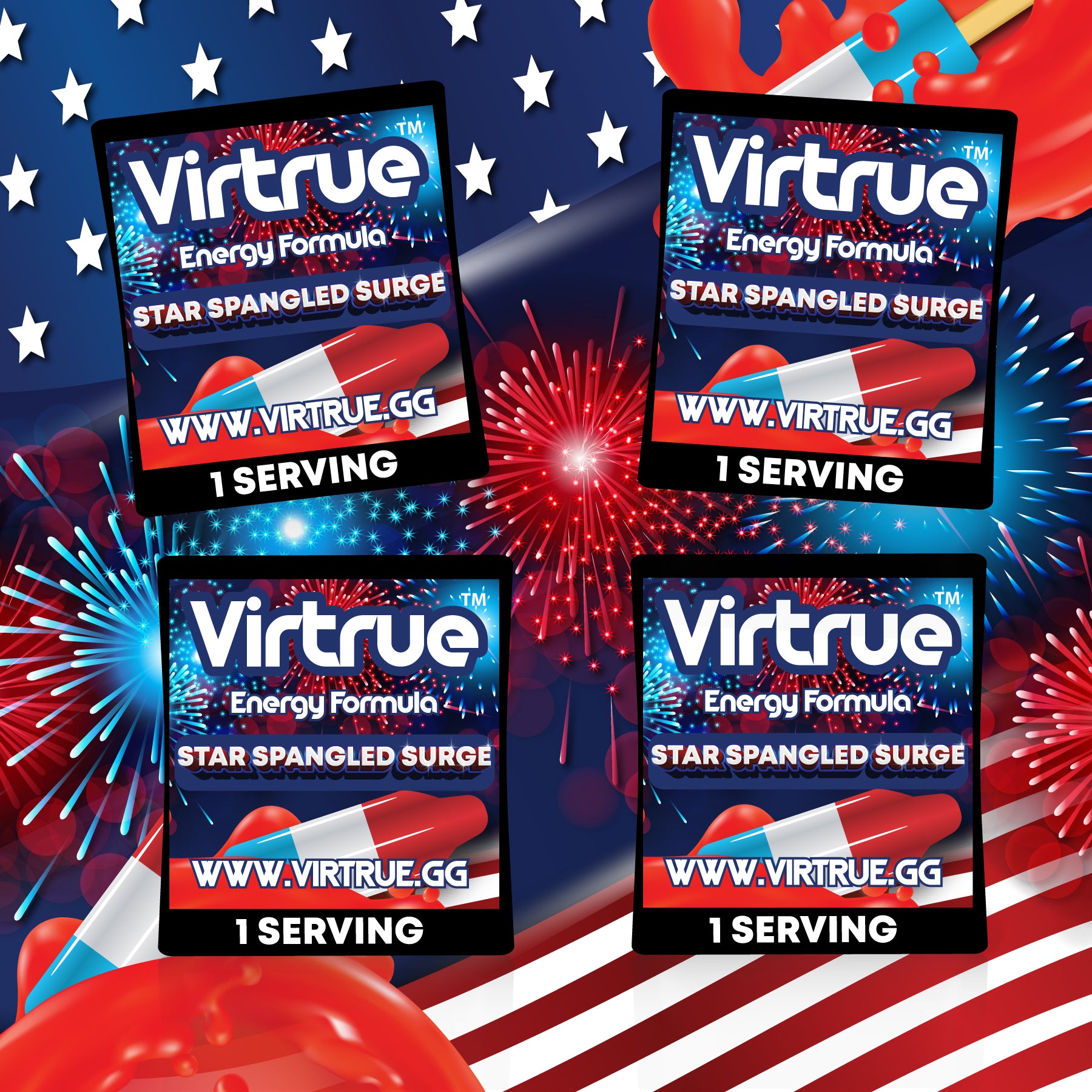 Virtrue Star Spangled Surge energy supplement travel packs.