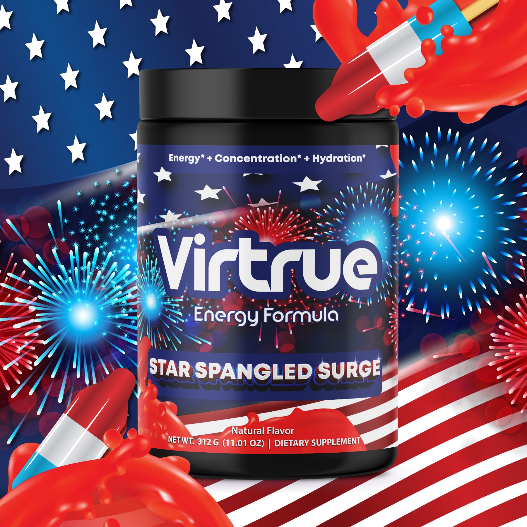 A container of Virtrue Star Spangled Surge pre-workout energy powder with a background featuring American flag colors and holiday fireworks.
