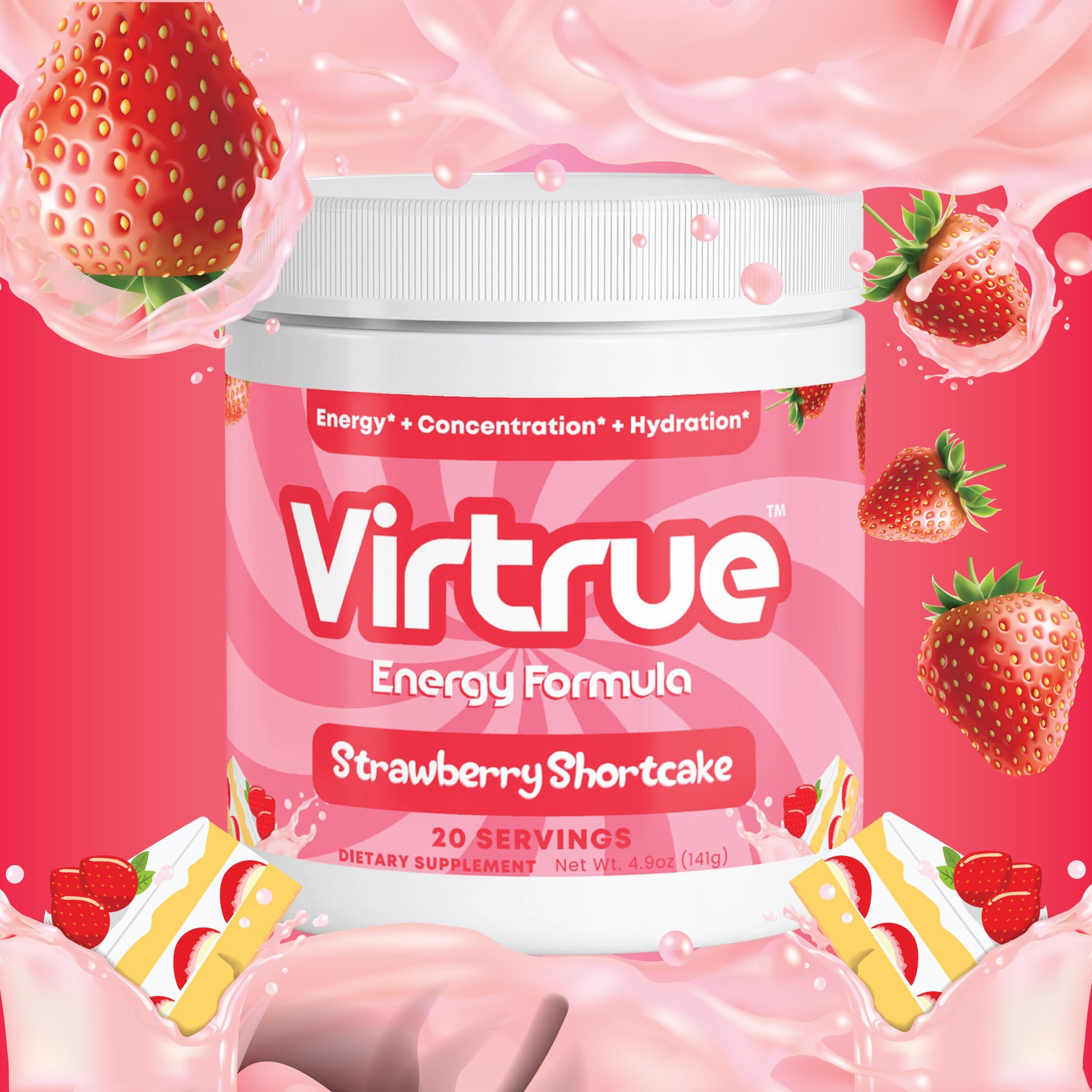A container of Virtrue Energy Formula Strawberry Shortcake flavor pre-workout energy powder, with images of strawberries and a cake, indicating a dessert-inspired flavor.