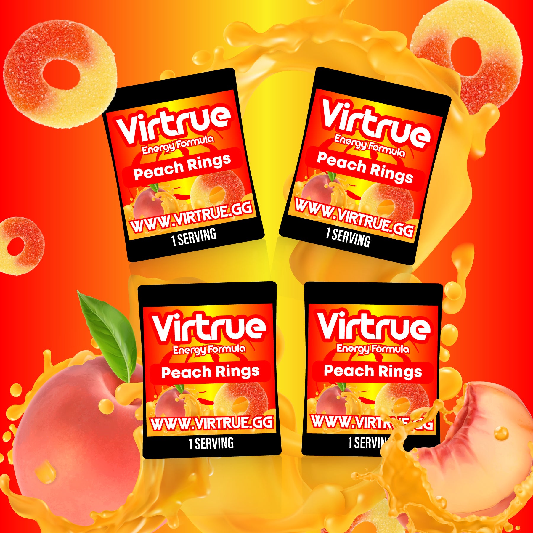 Virtrue Peach Rings energy supplement travel packs.