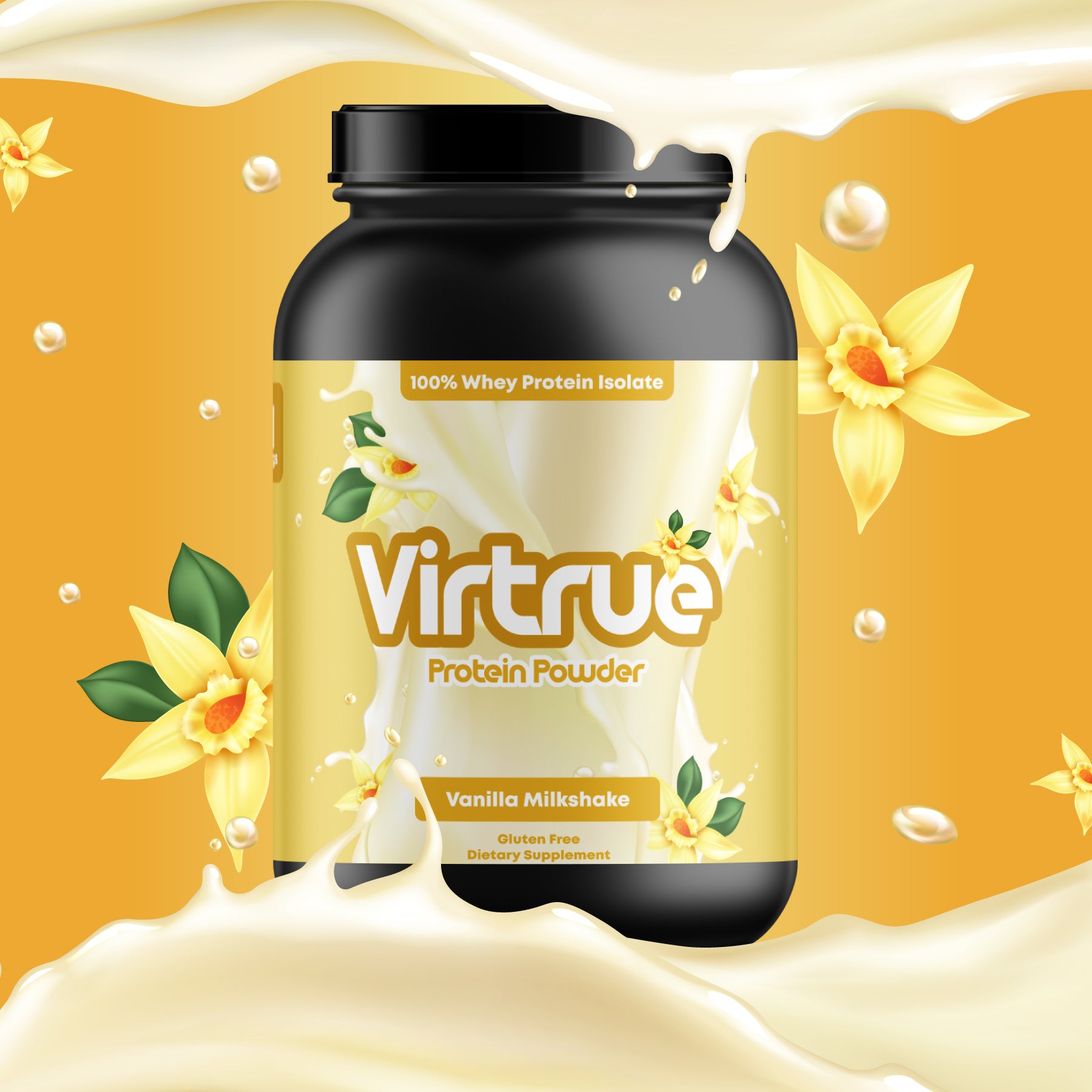 A container of VITRUE Whey Protein Powder in vanilla milkshake flavor, with a background of milk foam graphics indicating the product is a protein supplement.