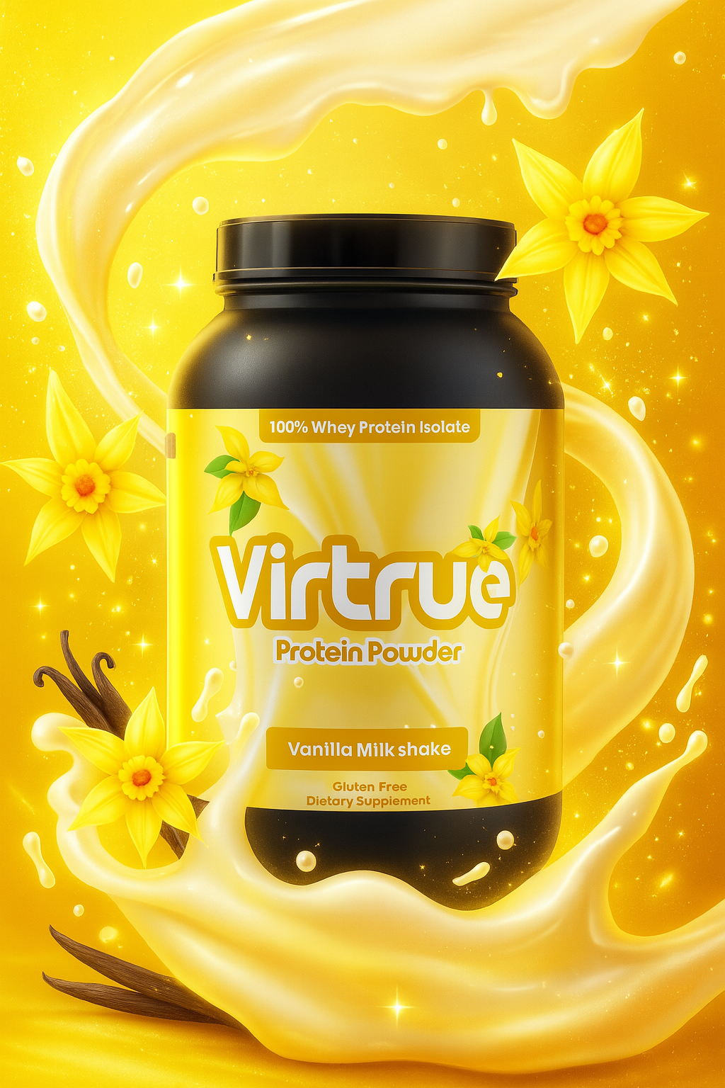 Virtrue protein powder container with vanilla flowers and milk on a yellow background