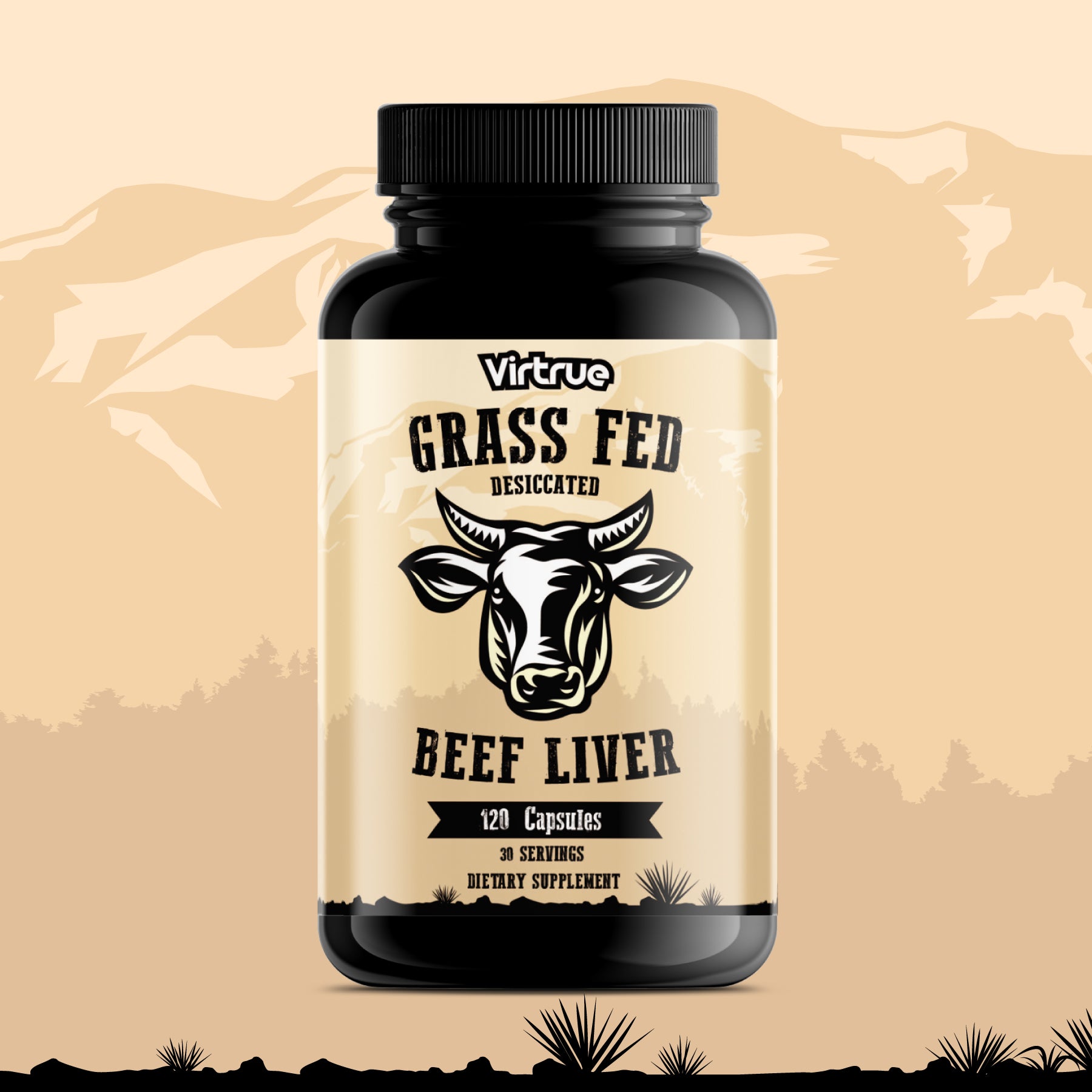 A bottle of Virtue Grass Fed Desiccated Beef Liver Capsules with a label featuring a cow's head and the text '120 Capsules', indicating a dietary supplement for energy and immune support.