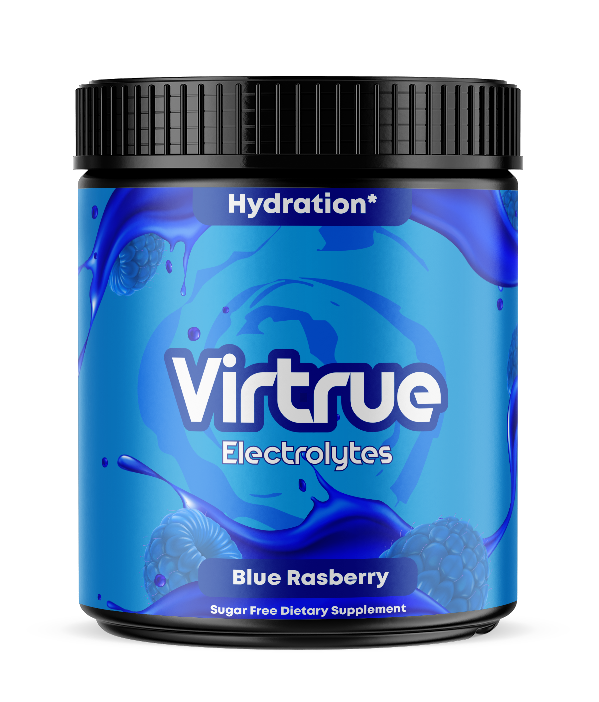 Virtrue blue raspberry electrolytes supplement tub.