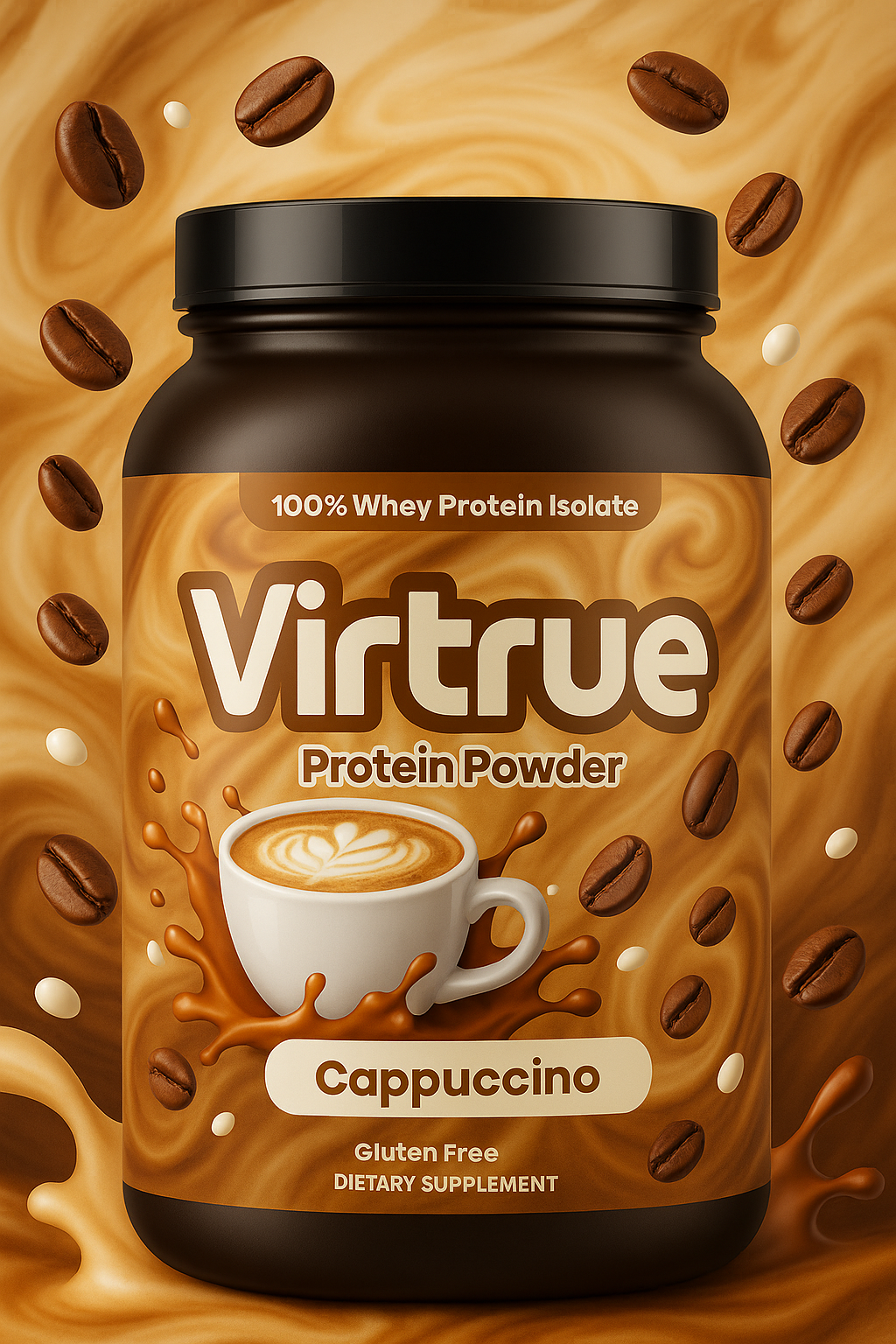 Virtrue Cappuccino protein powder container with coffee beans and a cup on a brown background