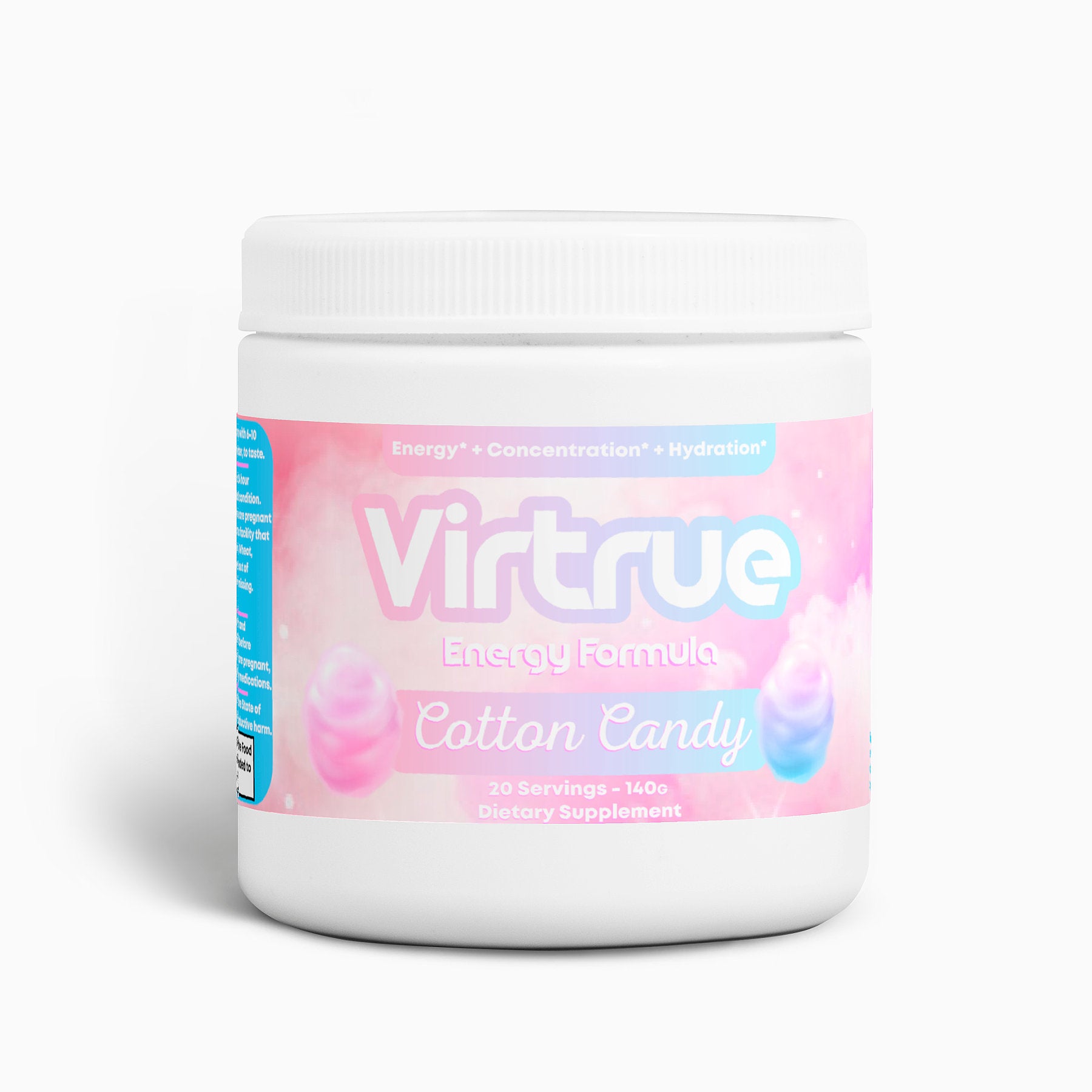 Virtrue energy formula cotton candy supplement container on a white background