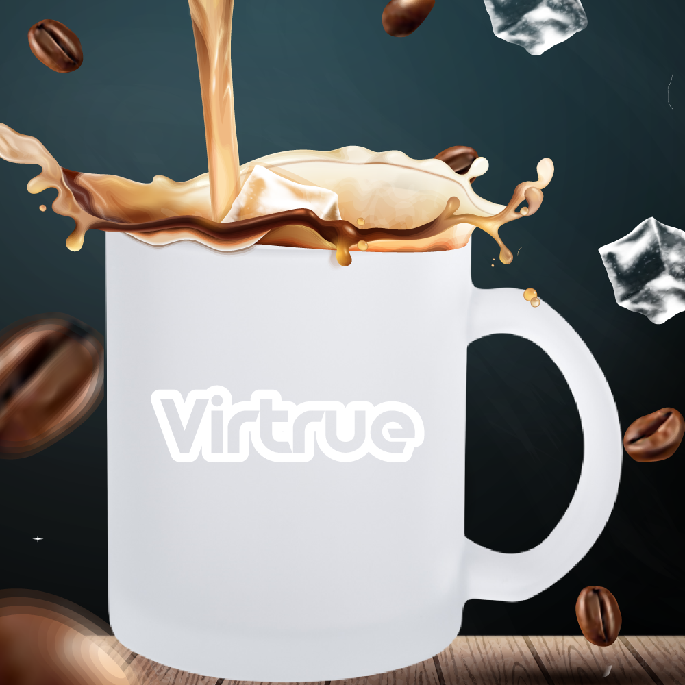 A white frosted mug with the brand name 'Virtrue' printed on it, depicted with coffee and ice cubes around it, suggesting the mug is for hot beverages.