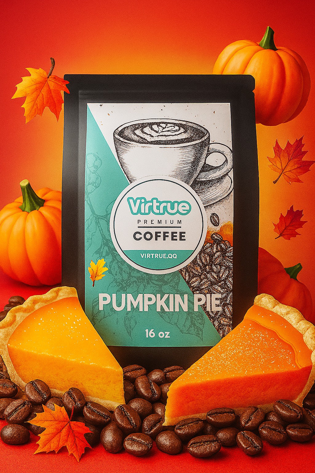 Virtrue Pumpkin Pie coffee package with pumpkins and pie slices on a red background