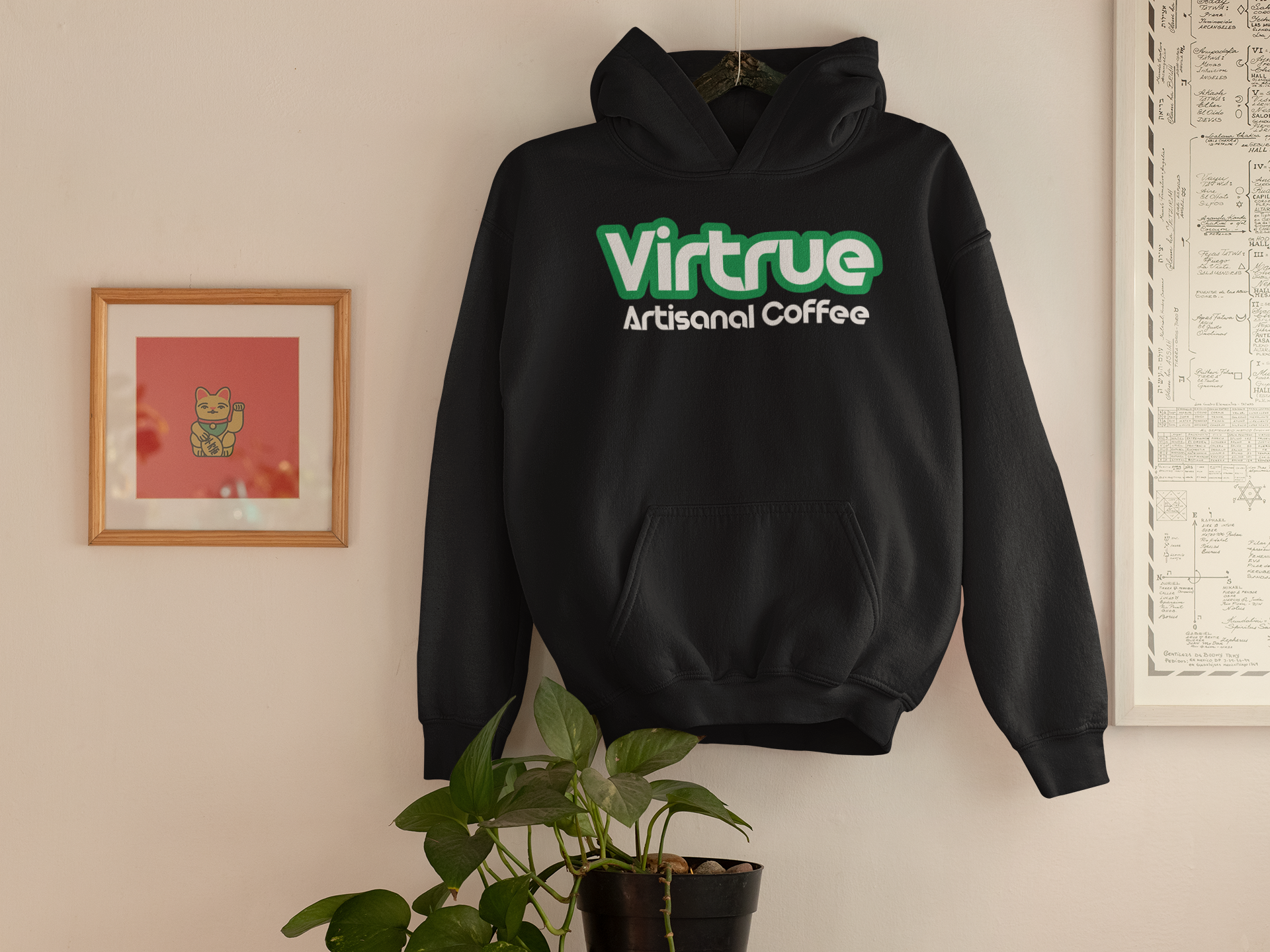 Virtrue Coffee sweatshirt on a hanger