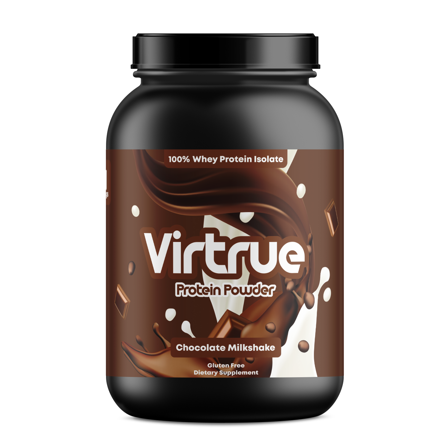 Virtrue whey isolate protein powder chocolate milkshake supplement tub