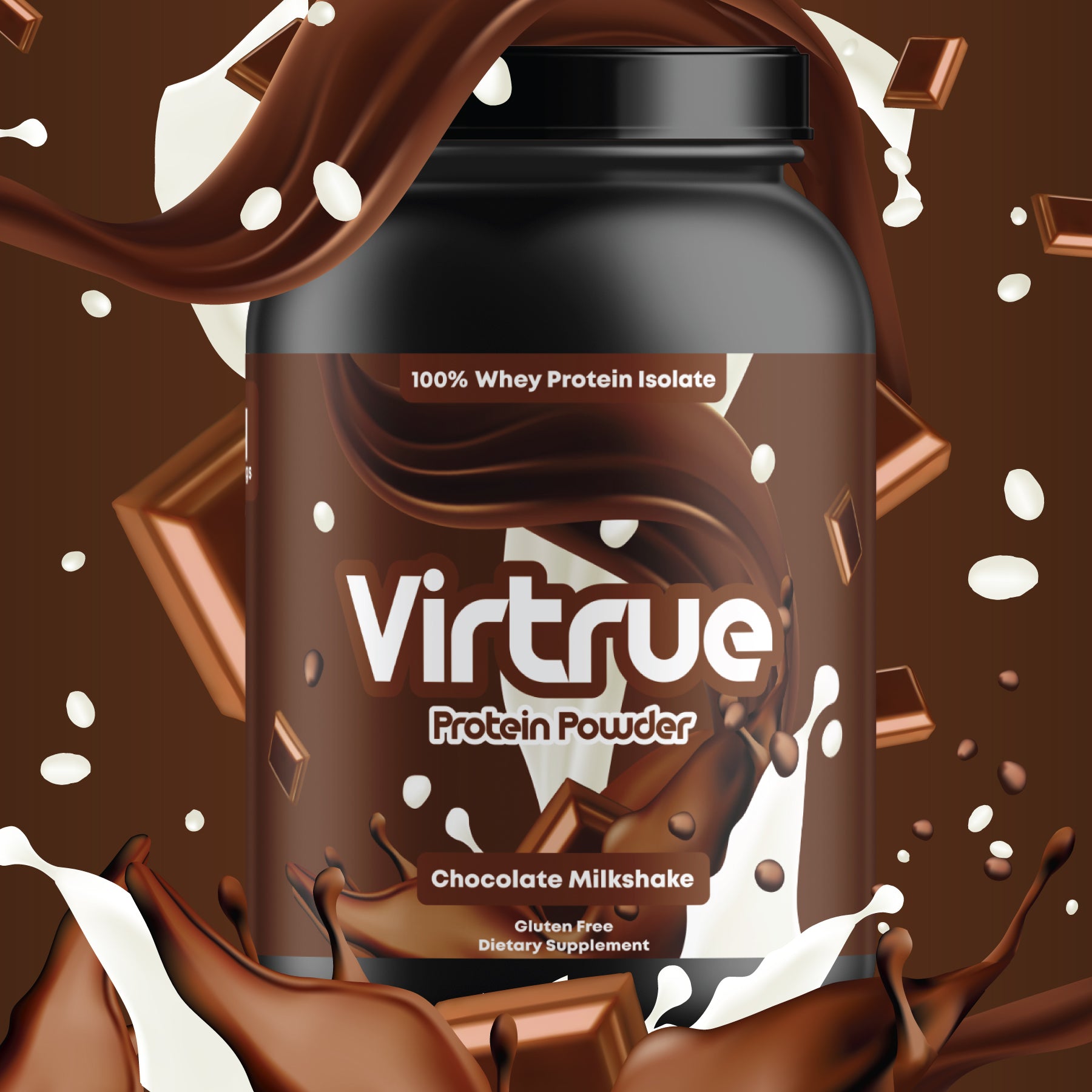 Virtrue protein powder chocolate milkshake supplement tub with splashes of chocolate and milk