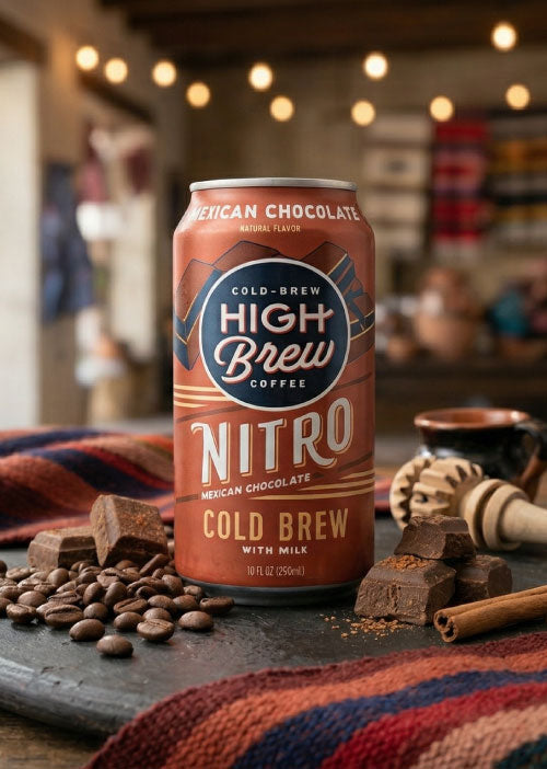 High Brew Nitro Mexican Chocolate Cold Brew Coffee can displayed with chocolate and coffee beans