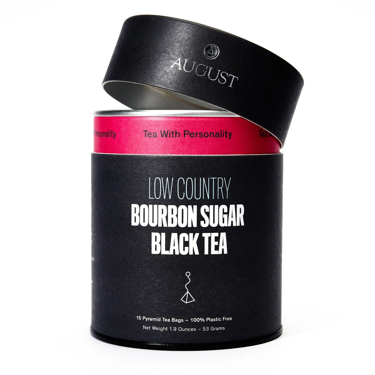 August Low Country Bourbon Sugar Black Tea canister with lid partially open