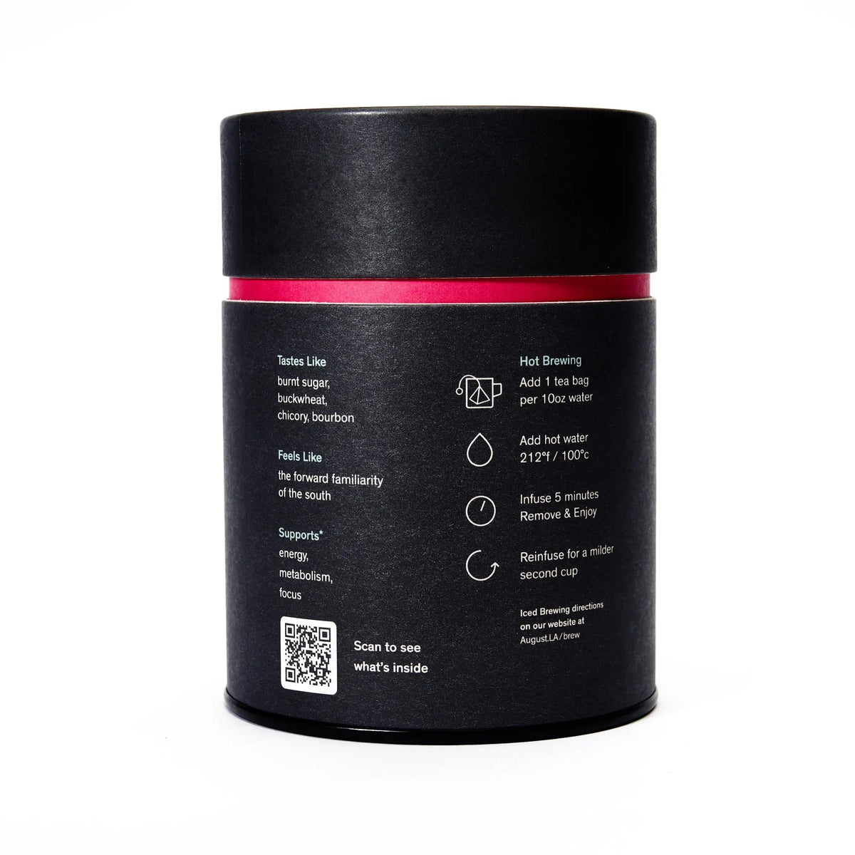 Back of August Low Country Bourbon Sugar Black Tea canister showing product details