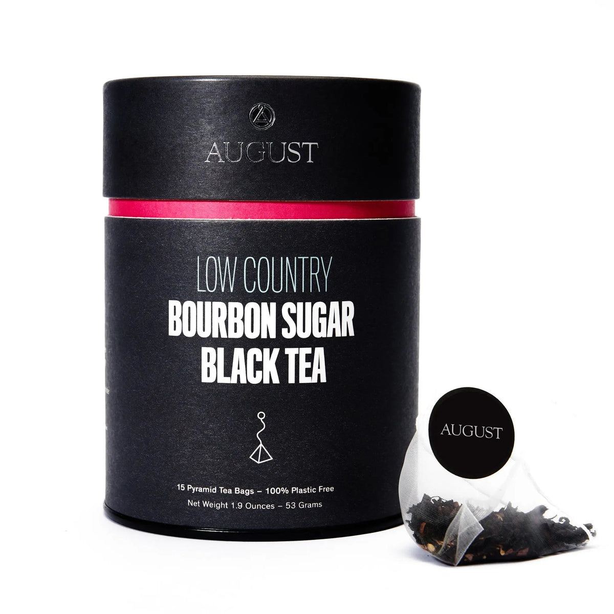 August Low Country Bourbon Sugar Black Tea canister with tea bag displayed beside it