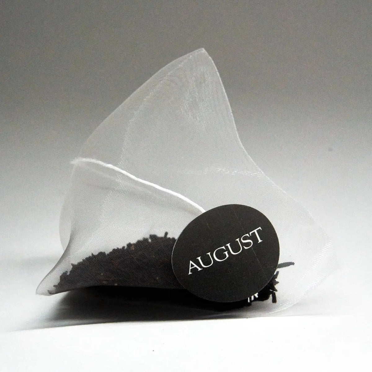 August Low Country black tea in pyramid-shaped tea bag