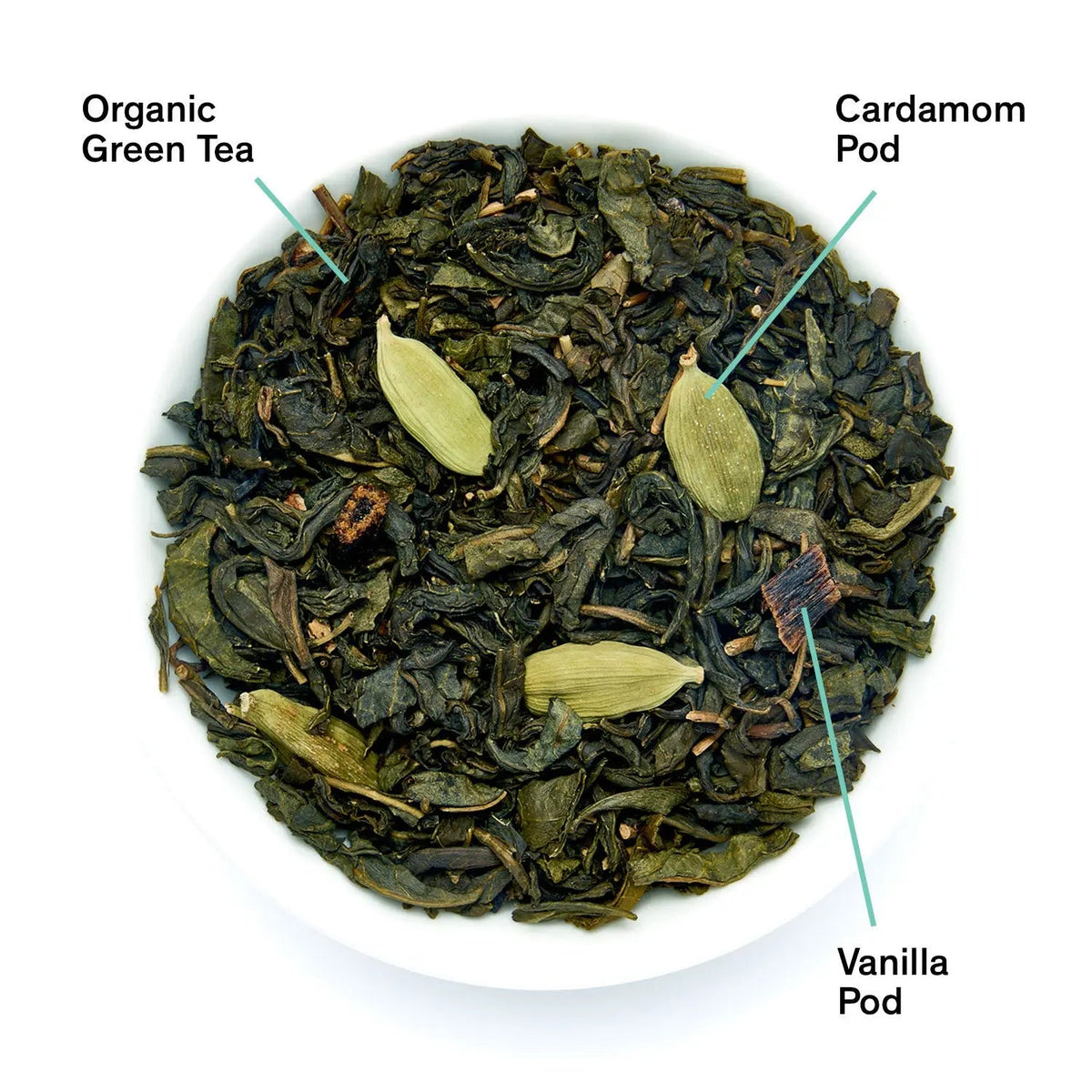 August Combray loose green tea blend with organic cardamom, vanilla pieces and green tea leaves