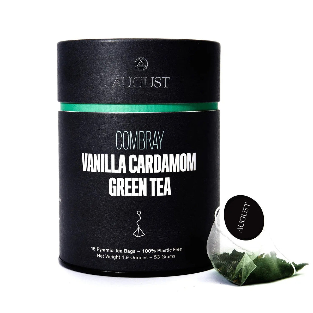 August Combray Vanilla Cardamom Green Tea canister with 15 tea bags and a tea bag displayed beside it