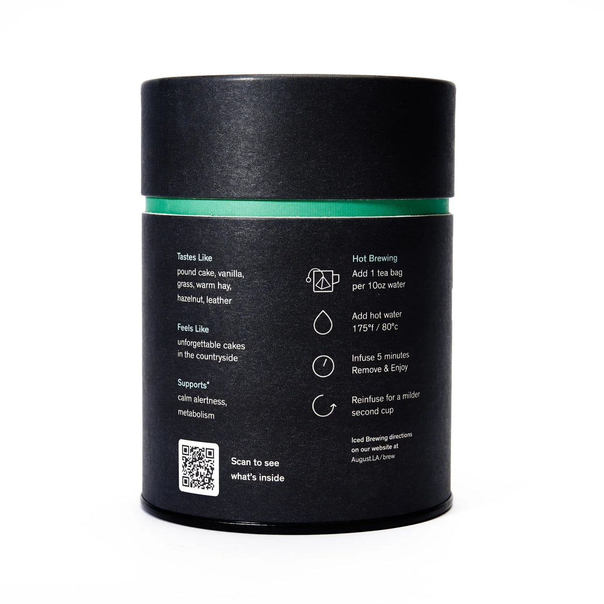 August Combray green tea packaging with brewing information and product details