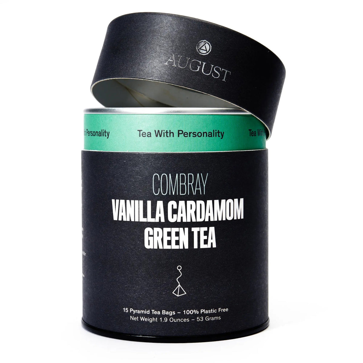 Open August Combray Vanilla Cardamom Green Tea canister showing individually packaged tea bags