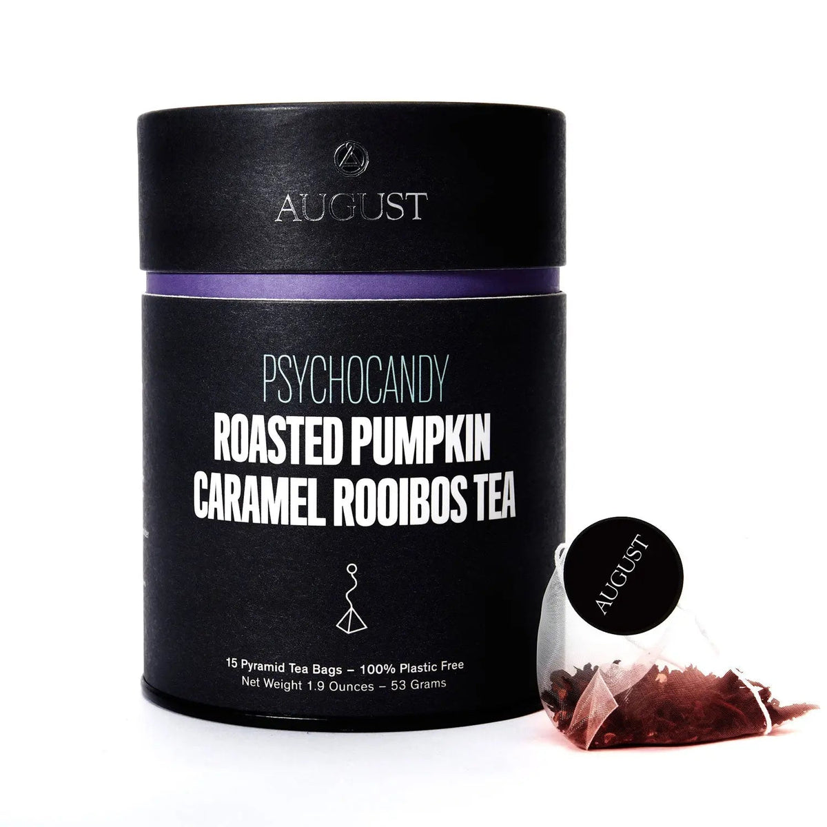 August Psychocandy Pumpkin Caramel Rooibos Tea in a black tin with purple accents, 15 caffeine-free tea bags