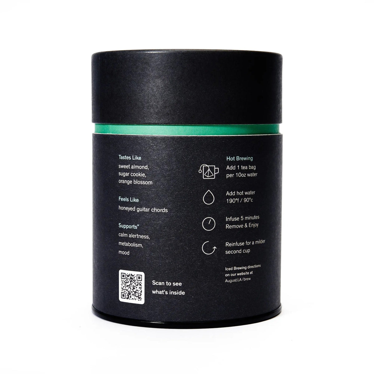 Side of August Know by Heart Orange Blossom Almond White Tea tin displaying product details and brewing symbols