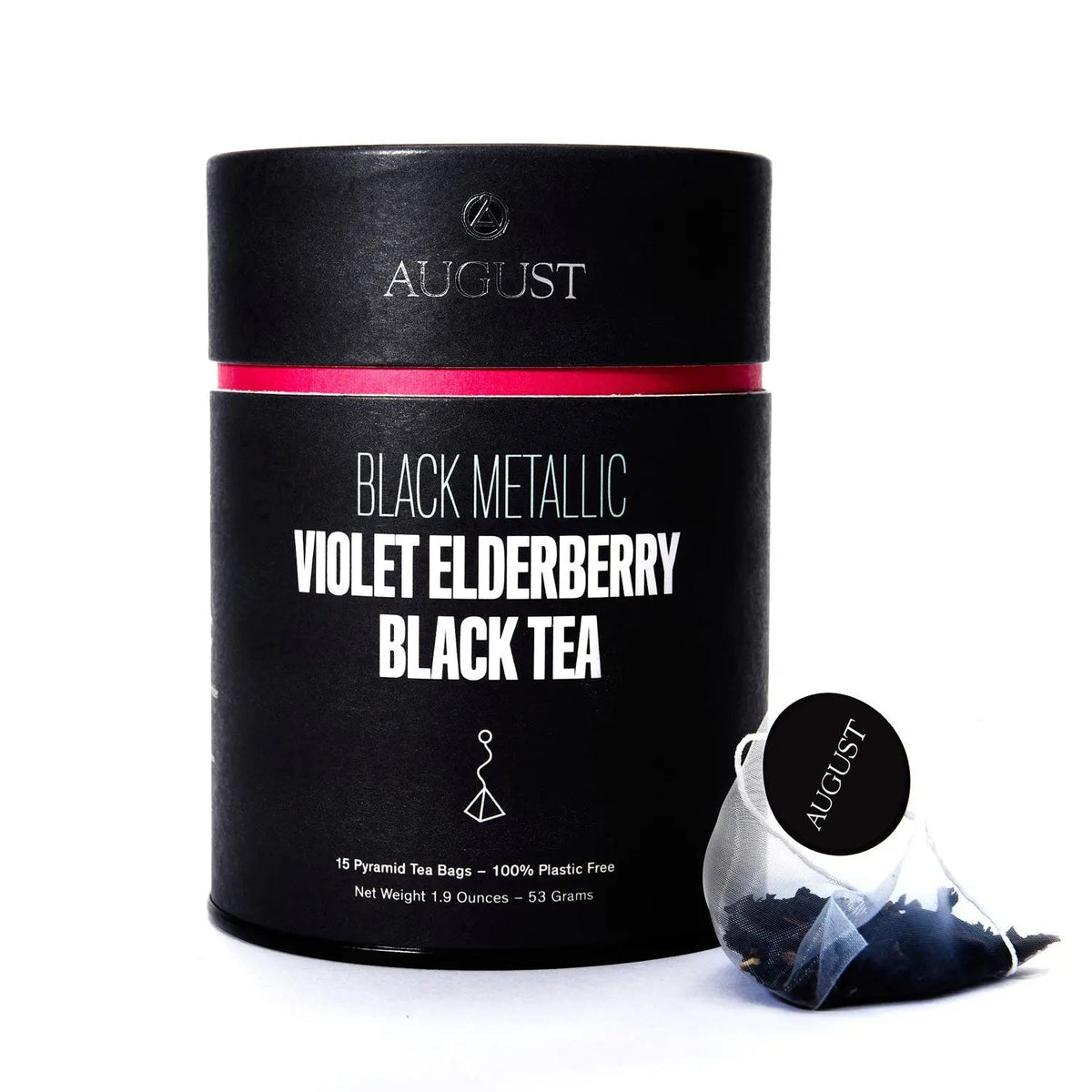 August Black Metallic Violet Elderberry Black Tea in a black cylindrical tin with 15 tea bags