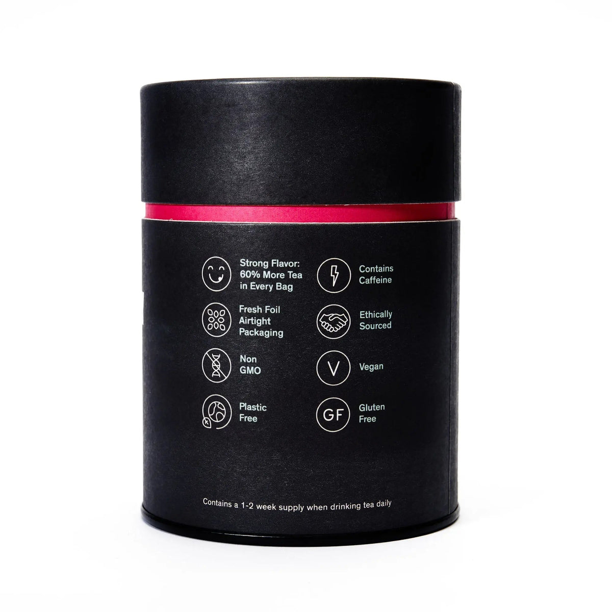 Side of August Black Metallic tea tin showing product details and brewing symbols